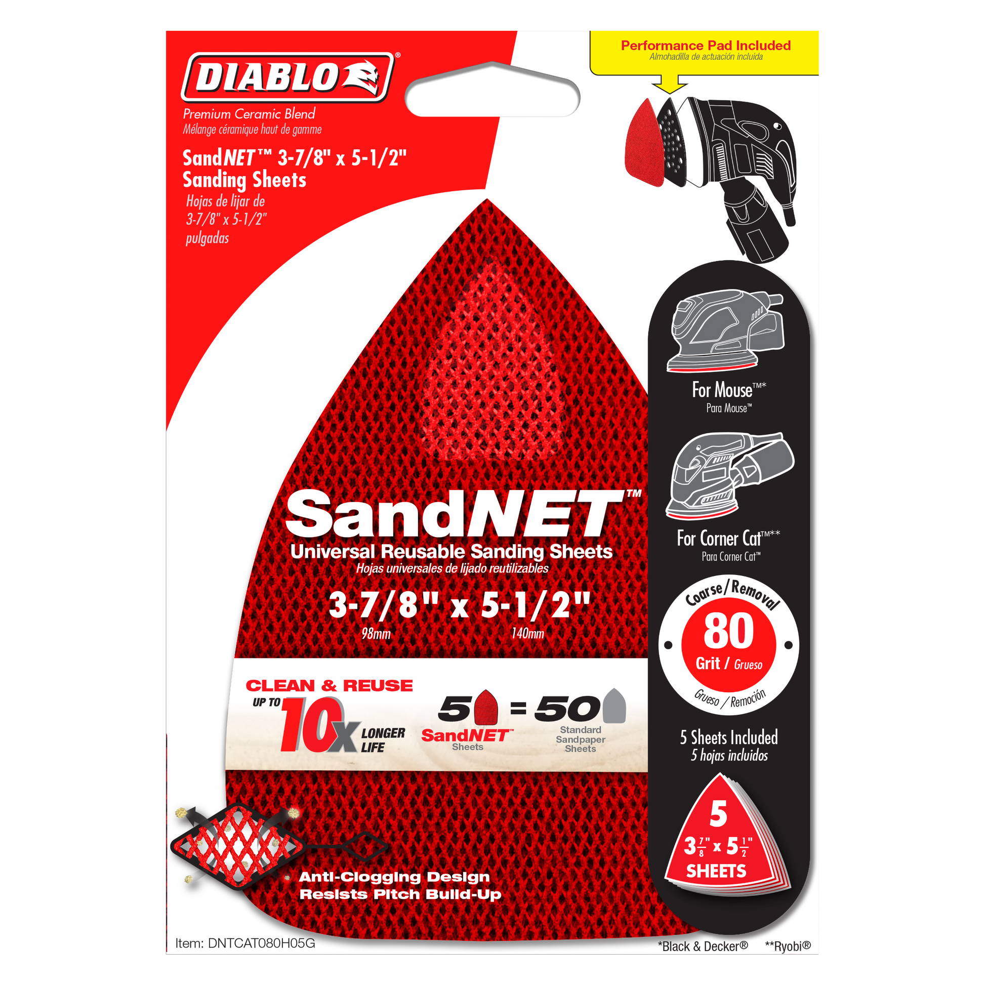 Diablo SandNET 80-grit red triangular sanding sheets in packaging with performance pad and usage icons displayed.