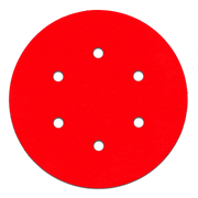 Red circular sanding disc with six white hook and loop attachment holes arranged in pattern.