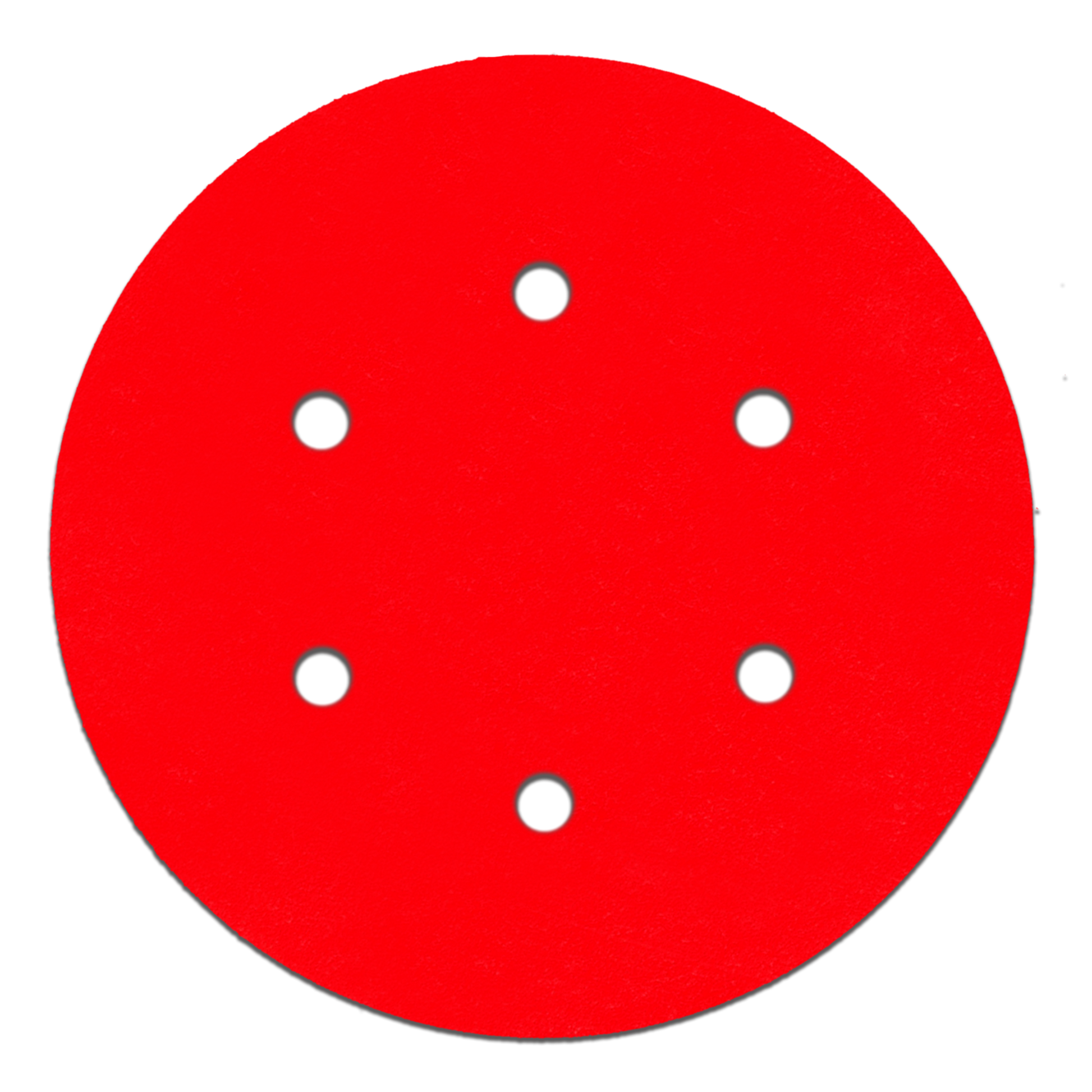 Red circular sanding disc with six white hook and loop attachment holes arranged in pattern.