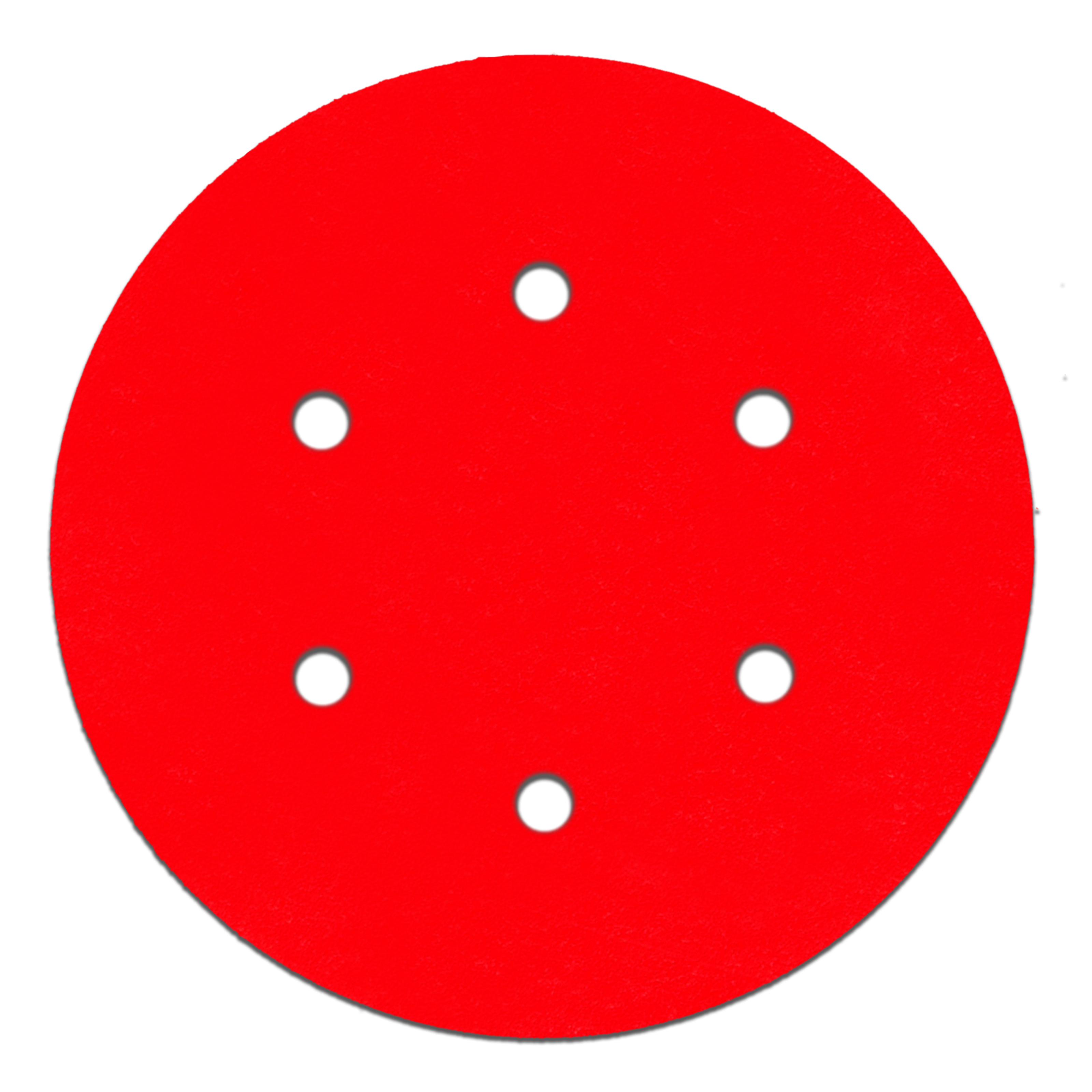 Red circular sanding disc with six white hook and loop attachment holes arranged in pattern.