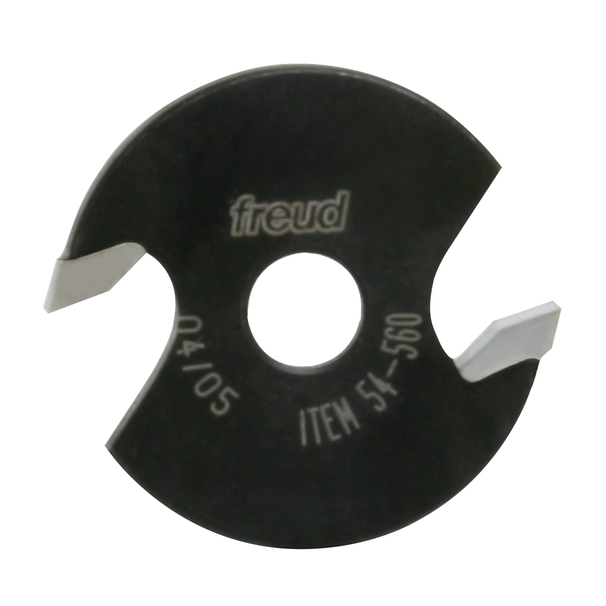 Black circular backcutter blade with central hole, square cutting edges on sides, Freud branding and item number 54-560 visib