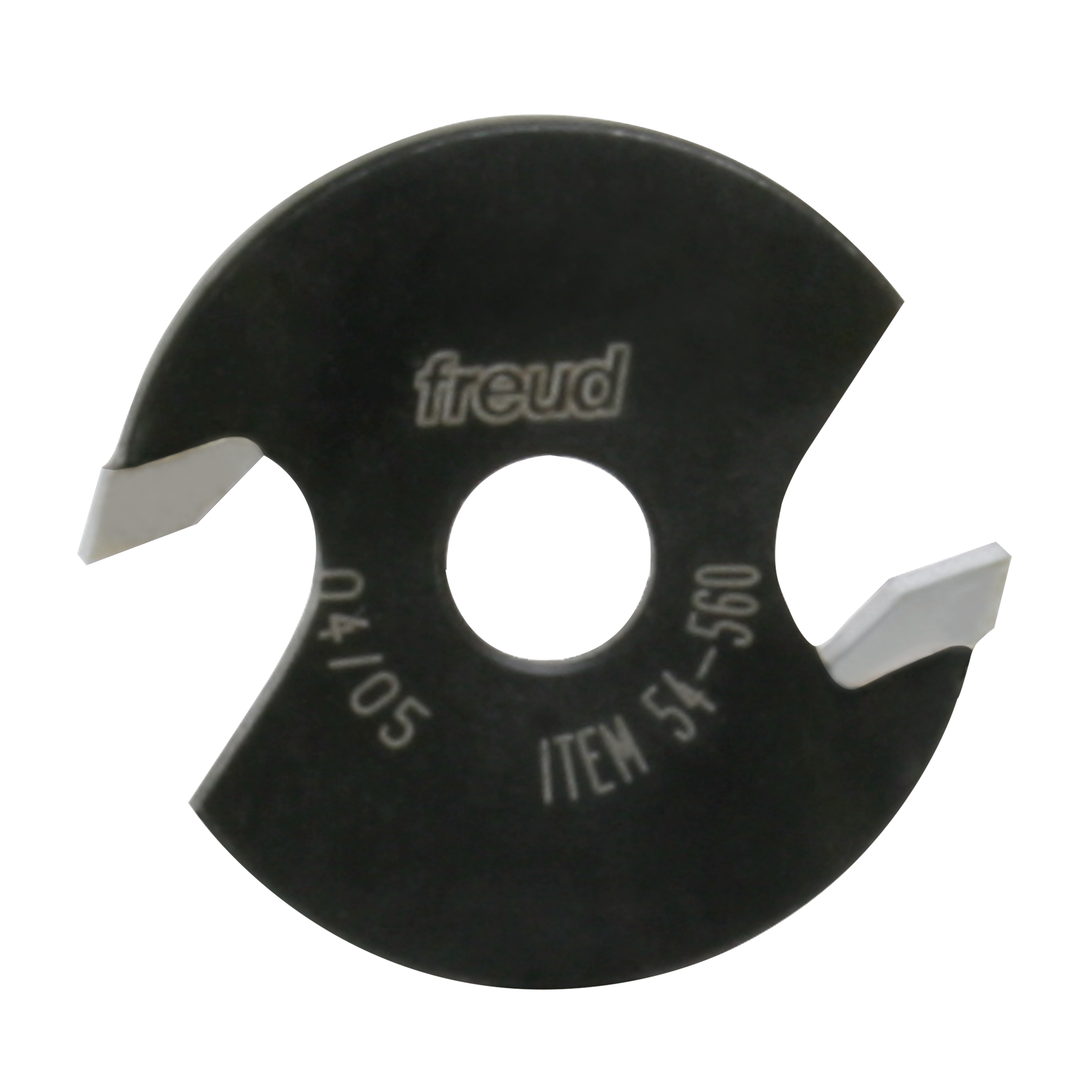 Black circular backcutter blade with central hole, square cutting edges on sides, Freud branding and item number 54-560 visib