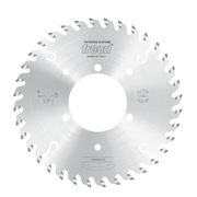 Freud conical scoring saw blade with angled carbide teeth, central arbor hole, and mounting holes on white background.