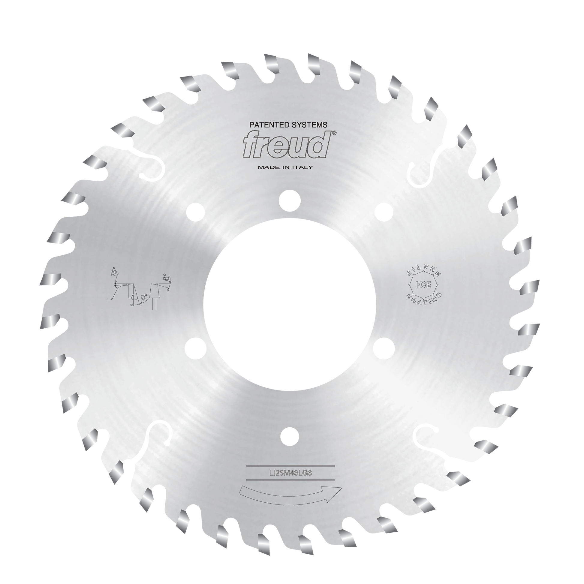 Freud conical scoring saw blade with angled carbide teeth, central arbor hole, and mounting holes on white background.