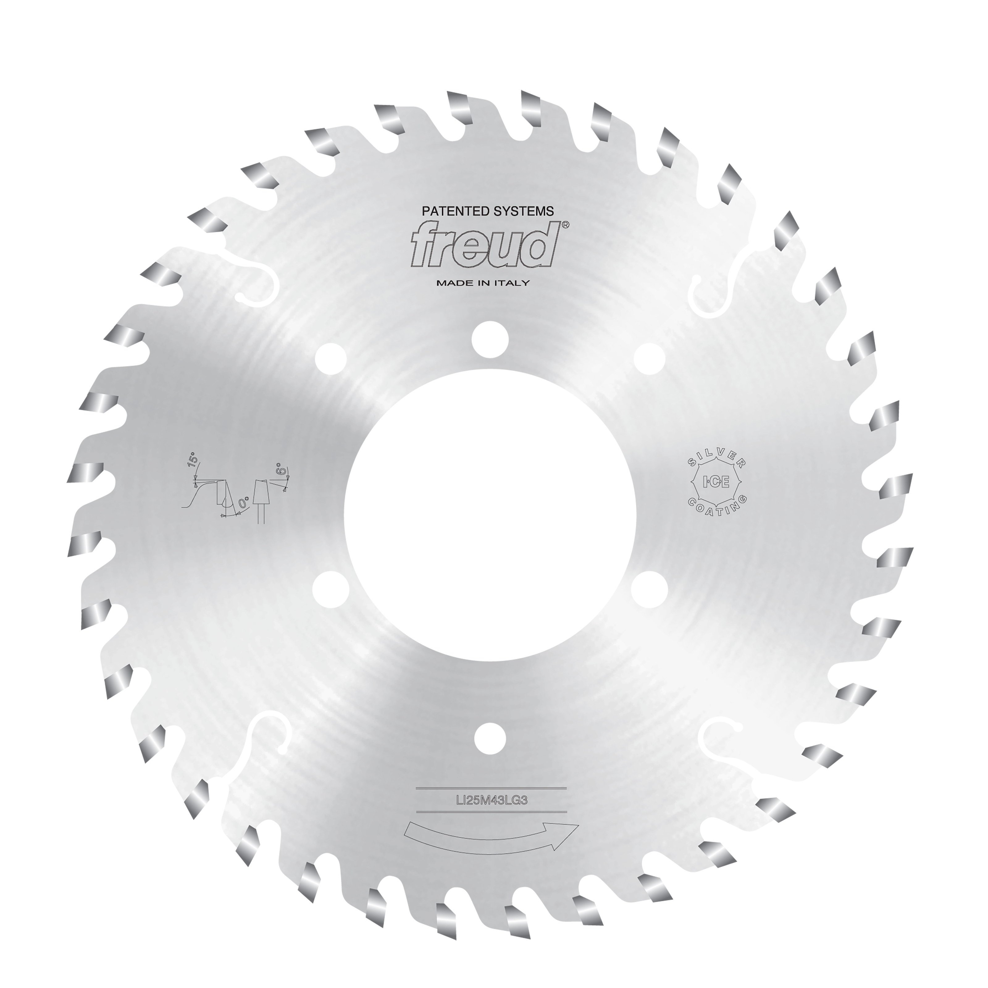 Freud conical scoring saw blade with angled carbide teeth, central arbor hole, and mounting holes on white background.
