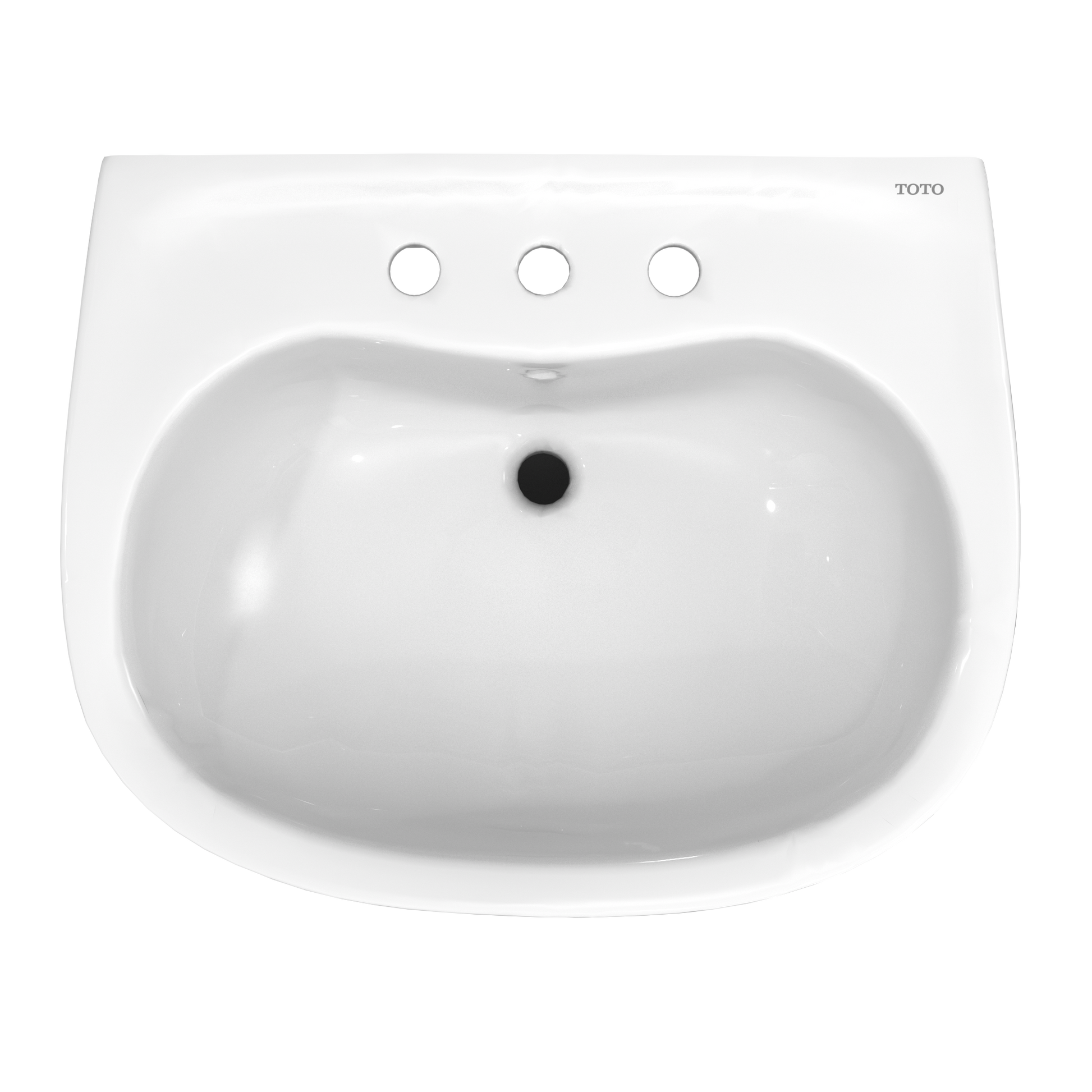 White oval pedestal sink basin with three faucet holes and center drain opening.