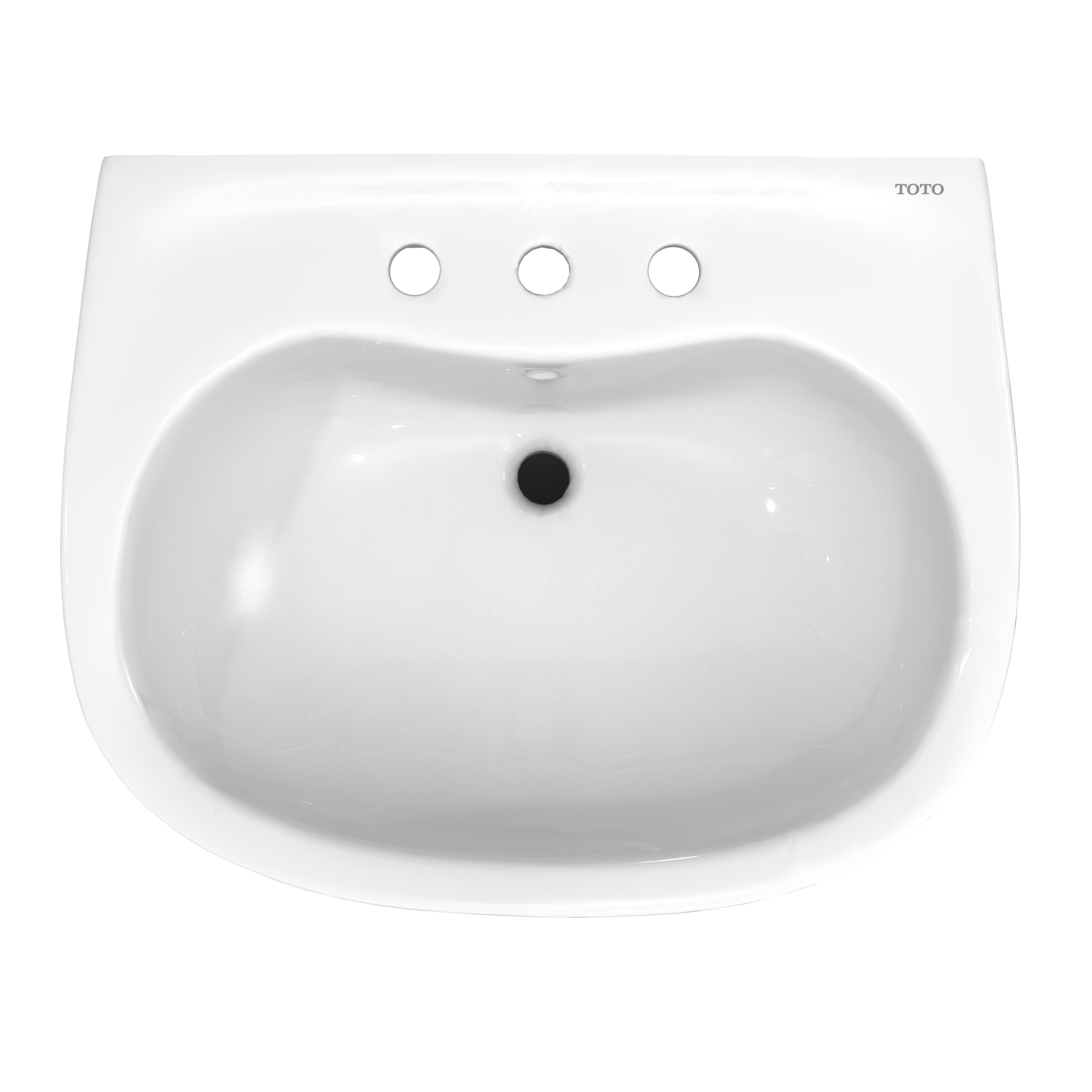 White oval pedestal sink basin with three faucet holes and center drain opening.