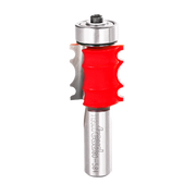 Red and silver triple beading router bit with ball bearing guide and metal shank.