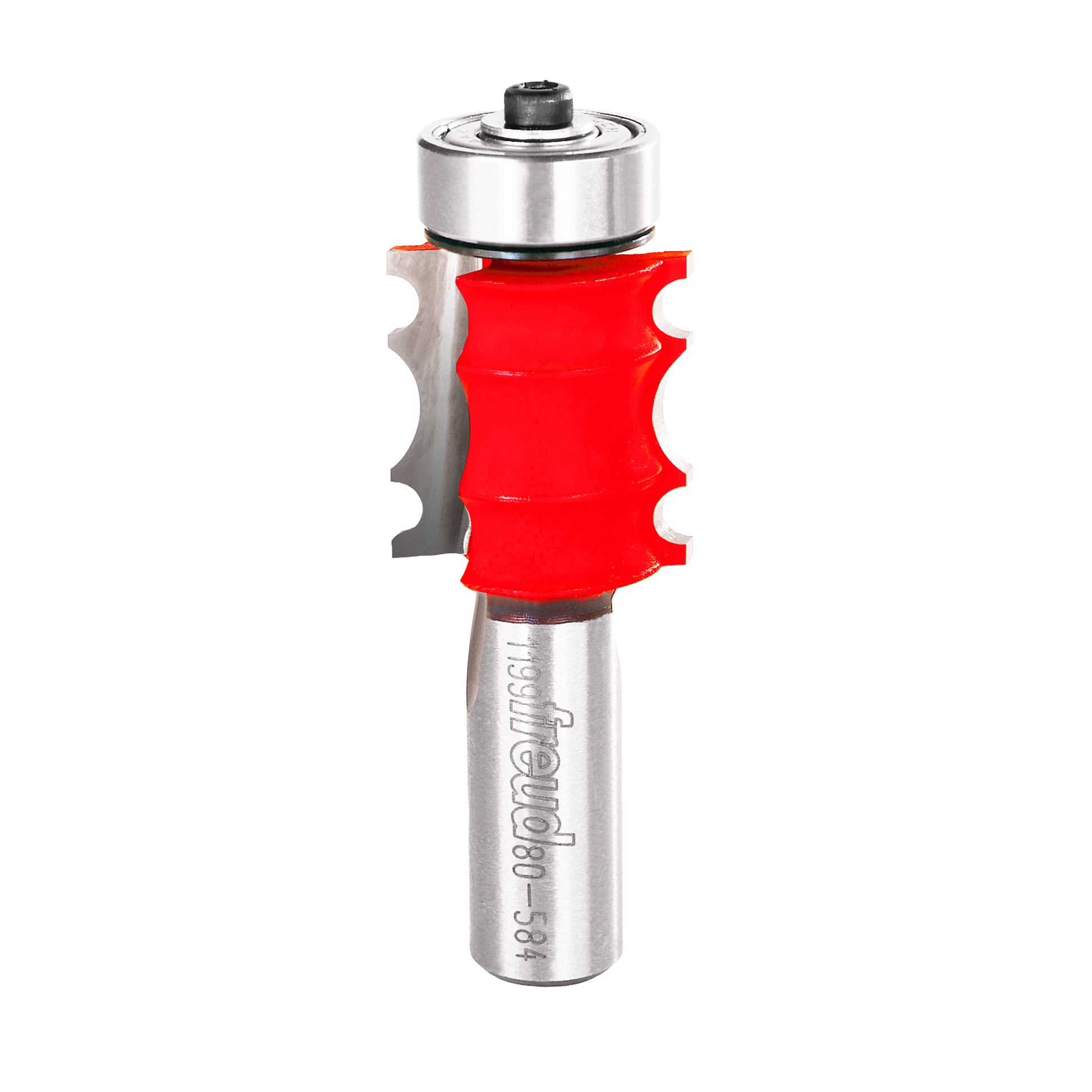Red and silver triple beading router bit with ball bearing guide and metal shank.