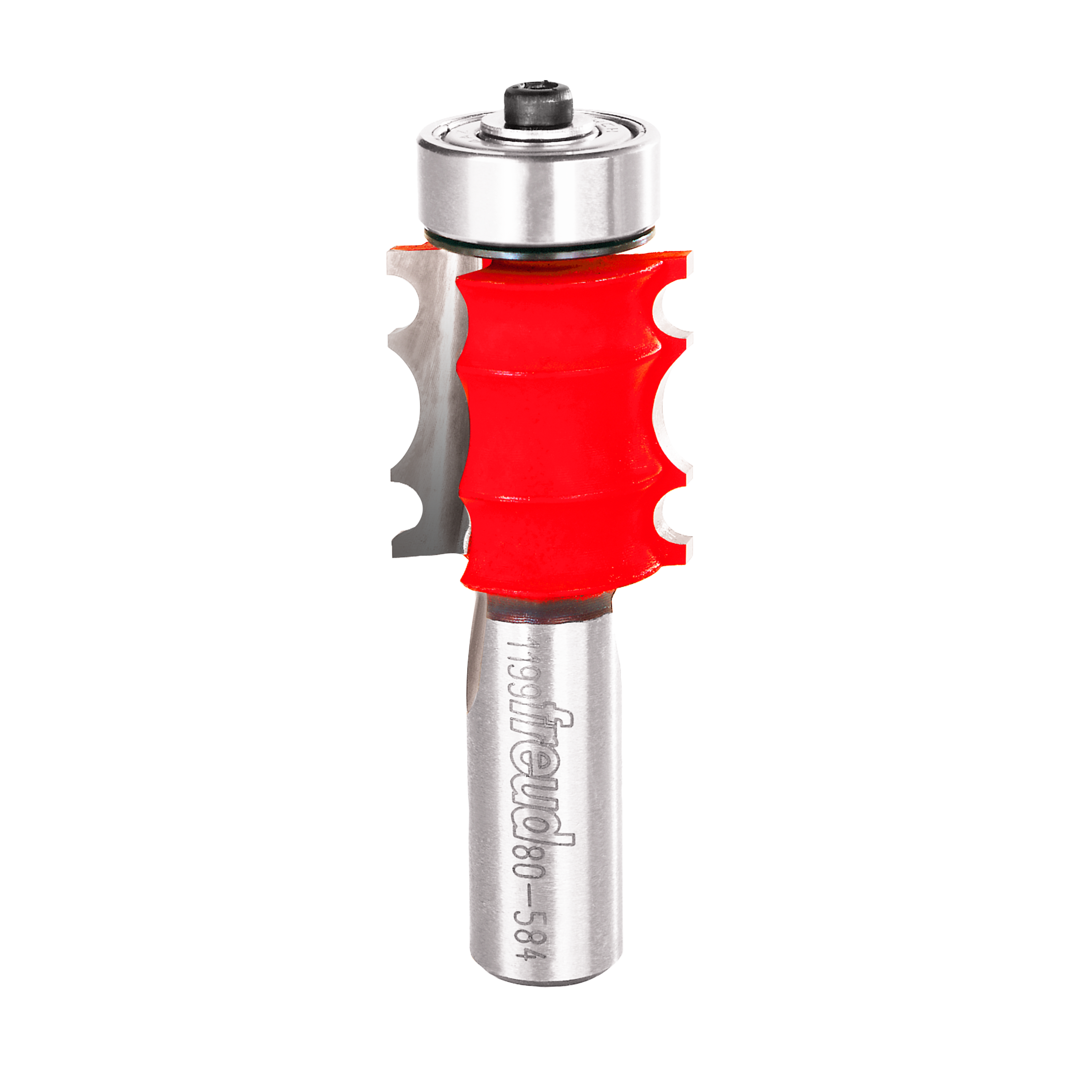 Red and silver triple beading router bit with ball bearing guide and metal shank.