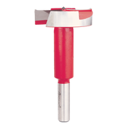 Red and silver Forstner bit with flat cutting head and cylindrical shank for drilling clean, flat-bottomed holes.