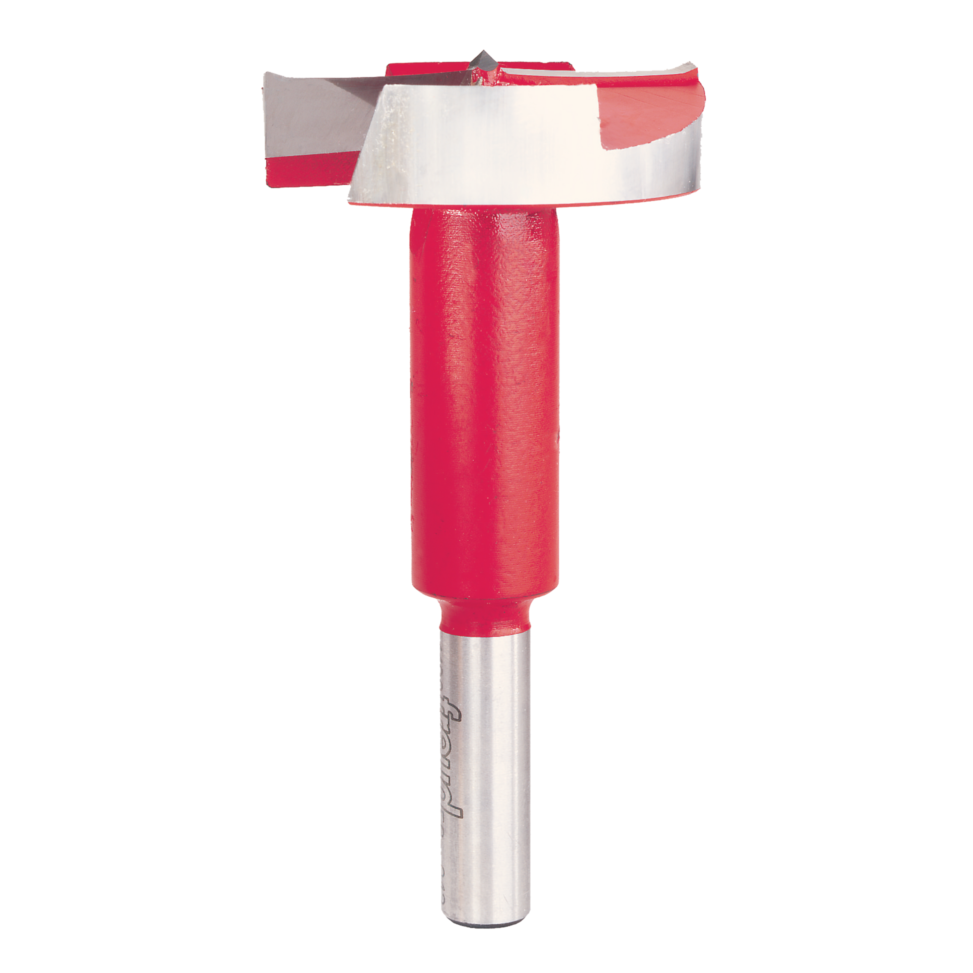 Red and silver Forstner bit with flat cutting head and cylindrical shank for drilling clean, flat-bottomed holes.