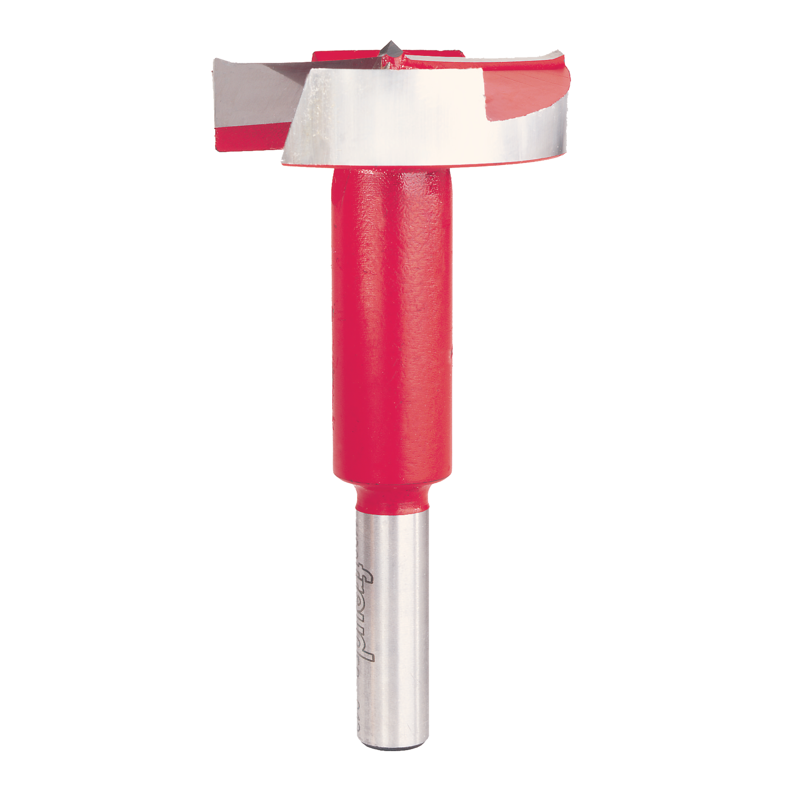 Red and silver Forstner bit with flat cutting head and cylindrical shank for drilling clean, flat-bottomed holes.