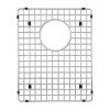 Stainless steel sink grid with circular center opening and corner mounting brackets.