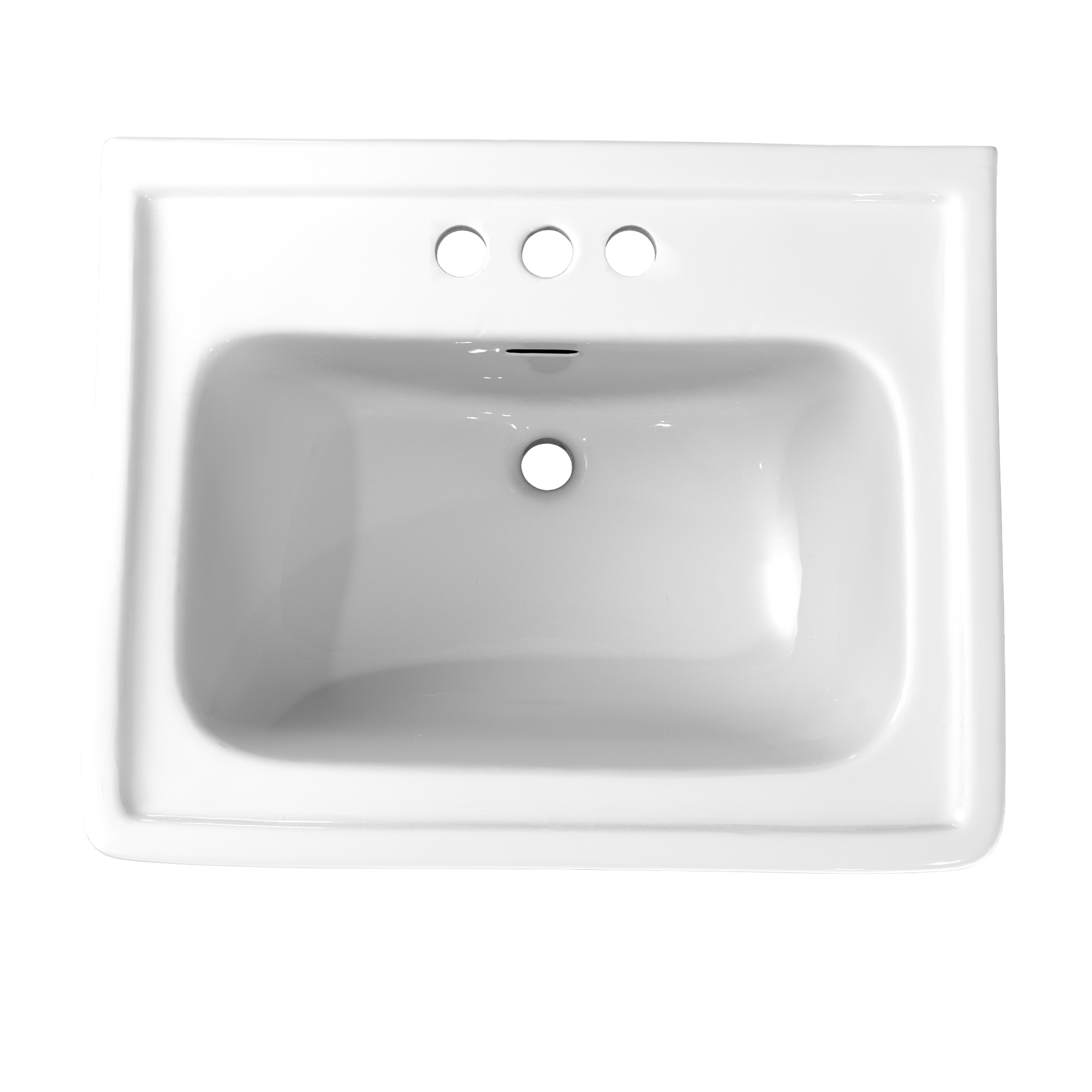 White rectangular pedestal sink with curved basin, single faucet hole, and three pre-drilled holes across upper basin edge.