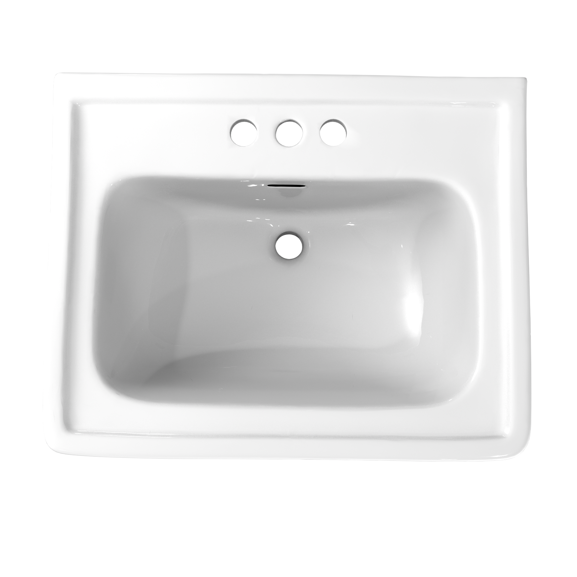 White rectangular pedestal sink with curved basin, single faucet hole, and three pre-drilled holes across upper basin edge.