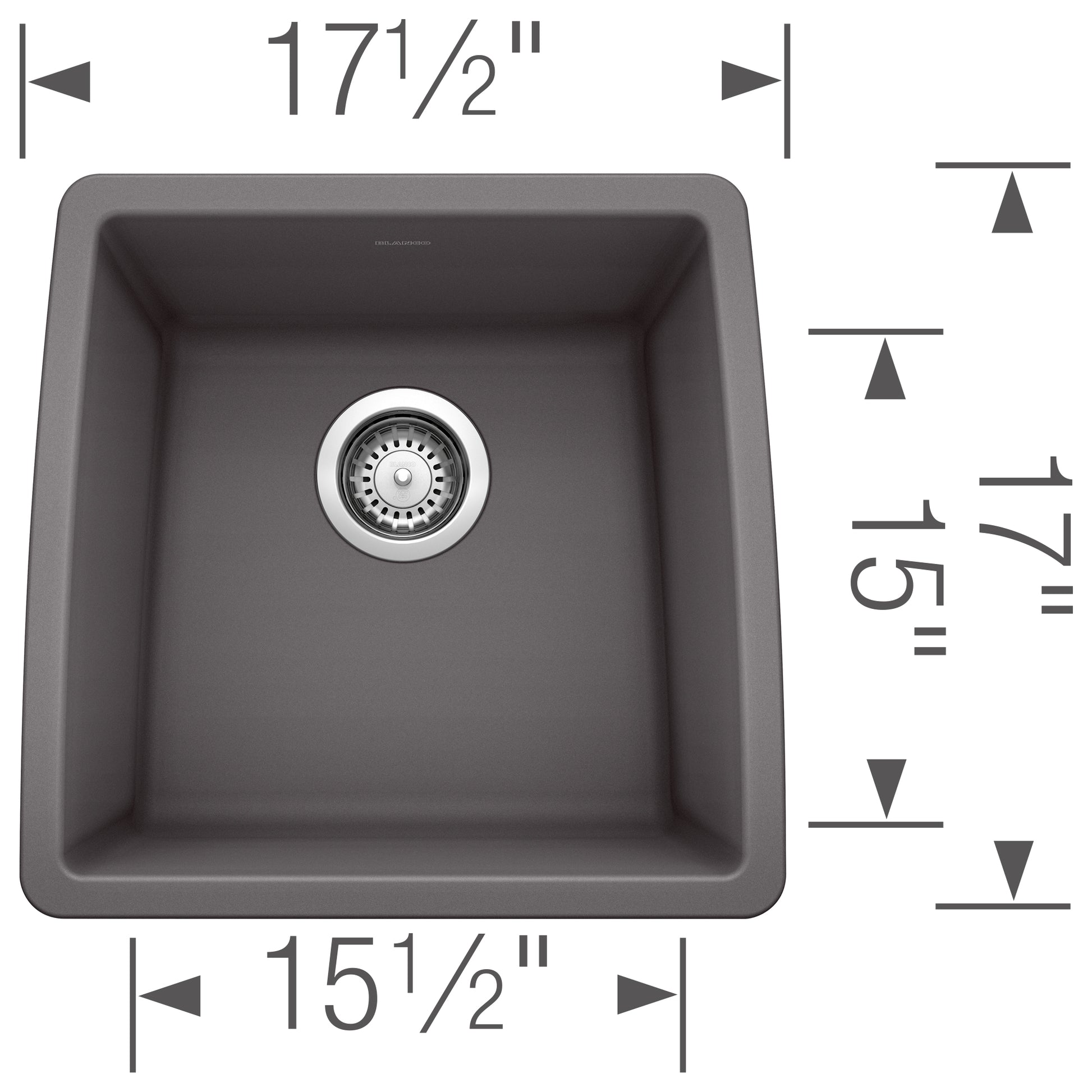 Cinder gray single bowl undermount sink with chrome drain strainer and dimension markings showing 17.5" width and 15.5" depth