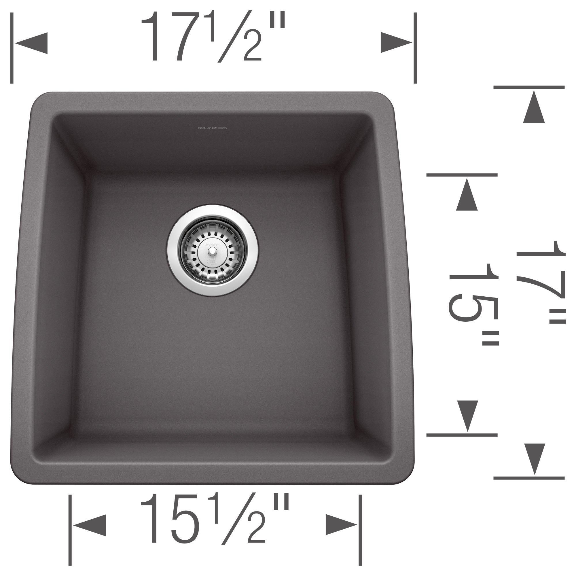 Cinder gray single bowl undermount sink with chrome drain strainer and dimension markings showing 17.5" width and 15.5" depth