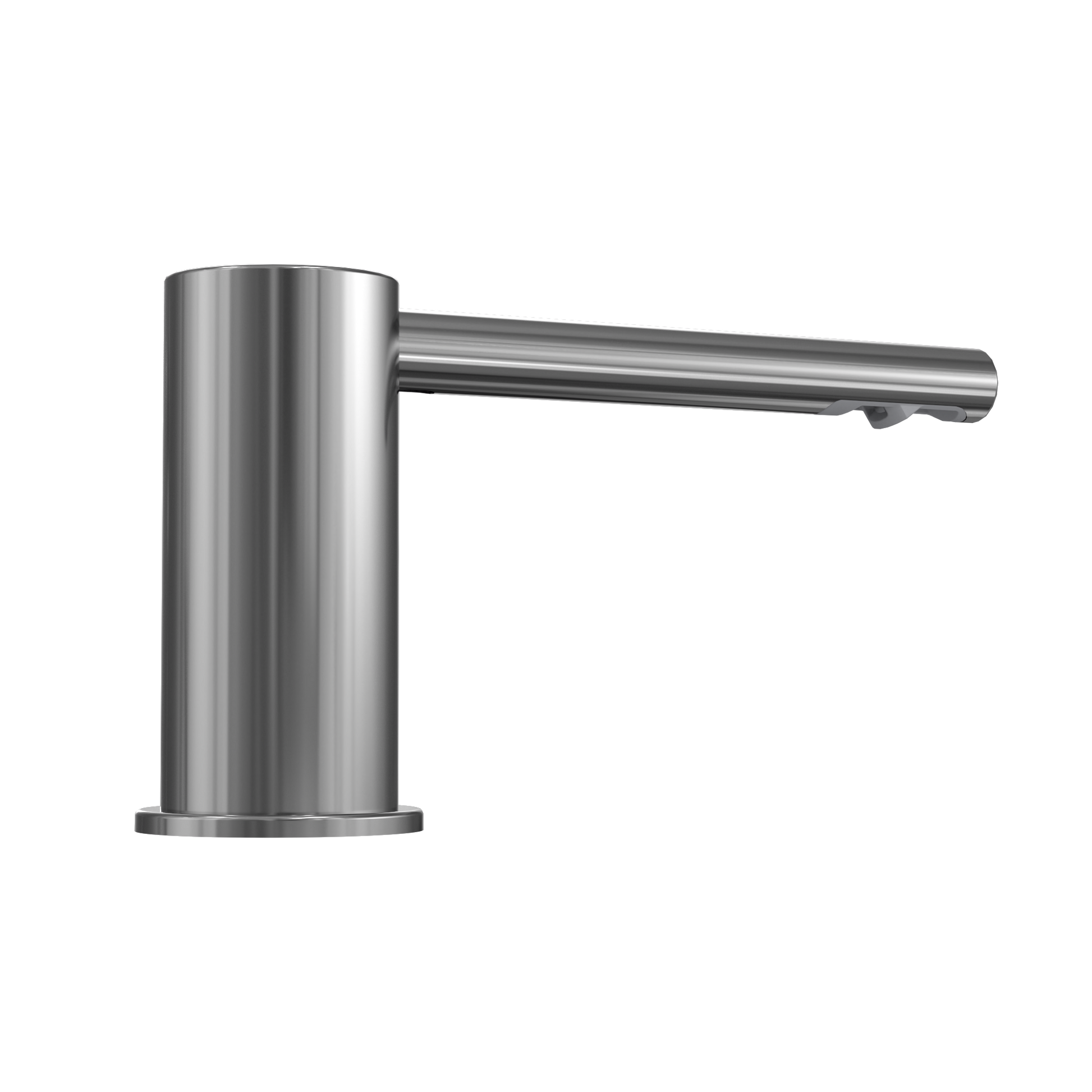 Polished chrome touchless foam soap dispenser with cylindrical pump body and angled spout.