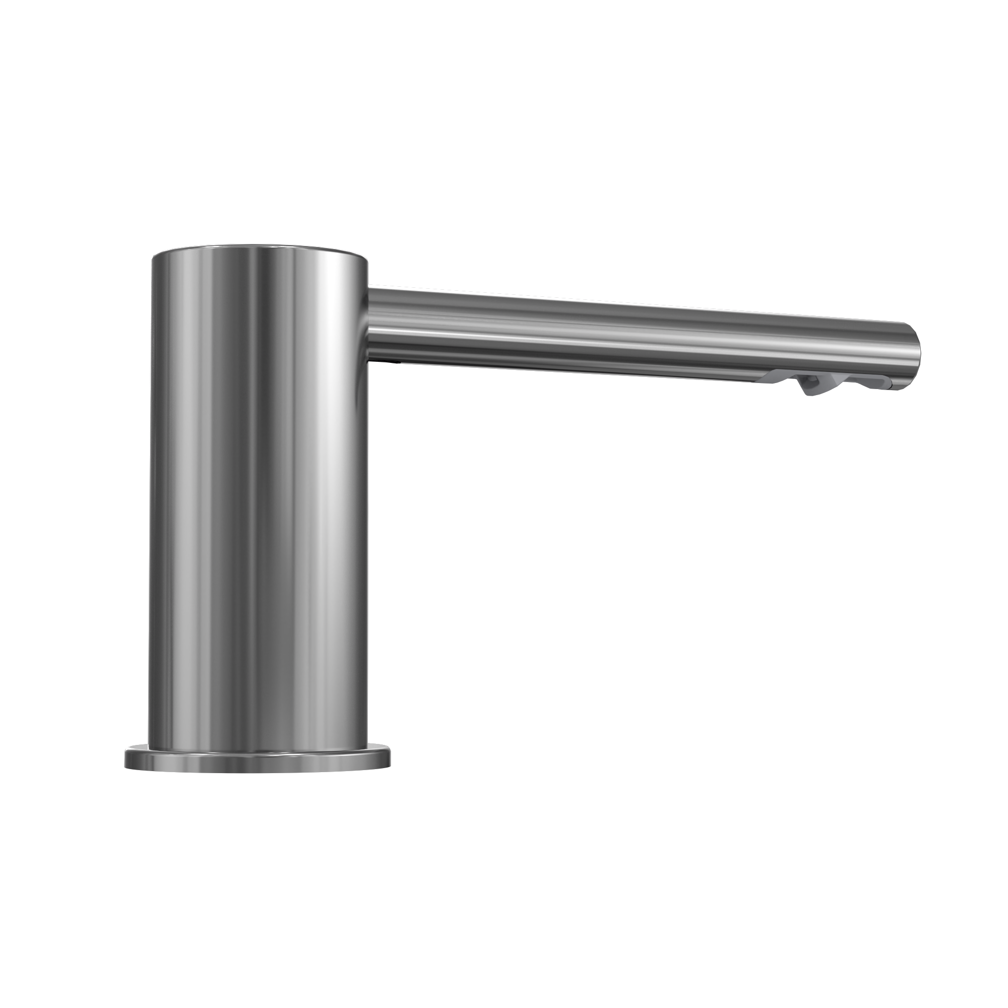 Polished chrome touchless foam soap dispenser with cylindrical pump body and angled spout.