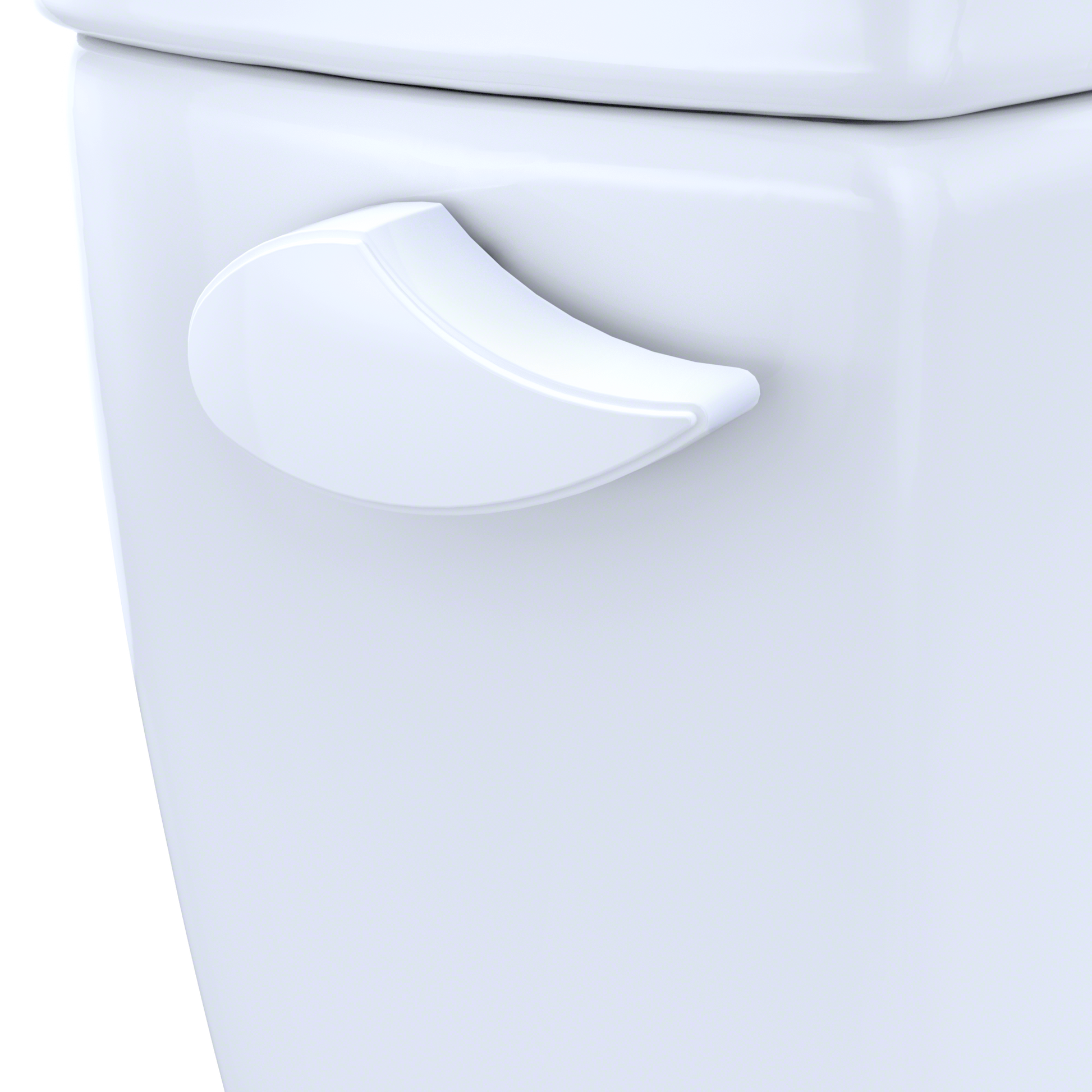 White curved trip lever mounted on cotton-colored toilet tank.