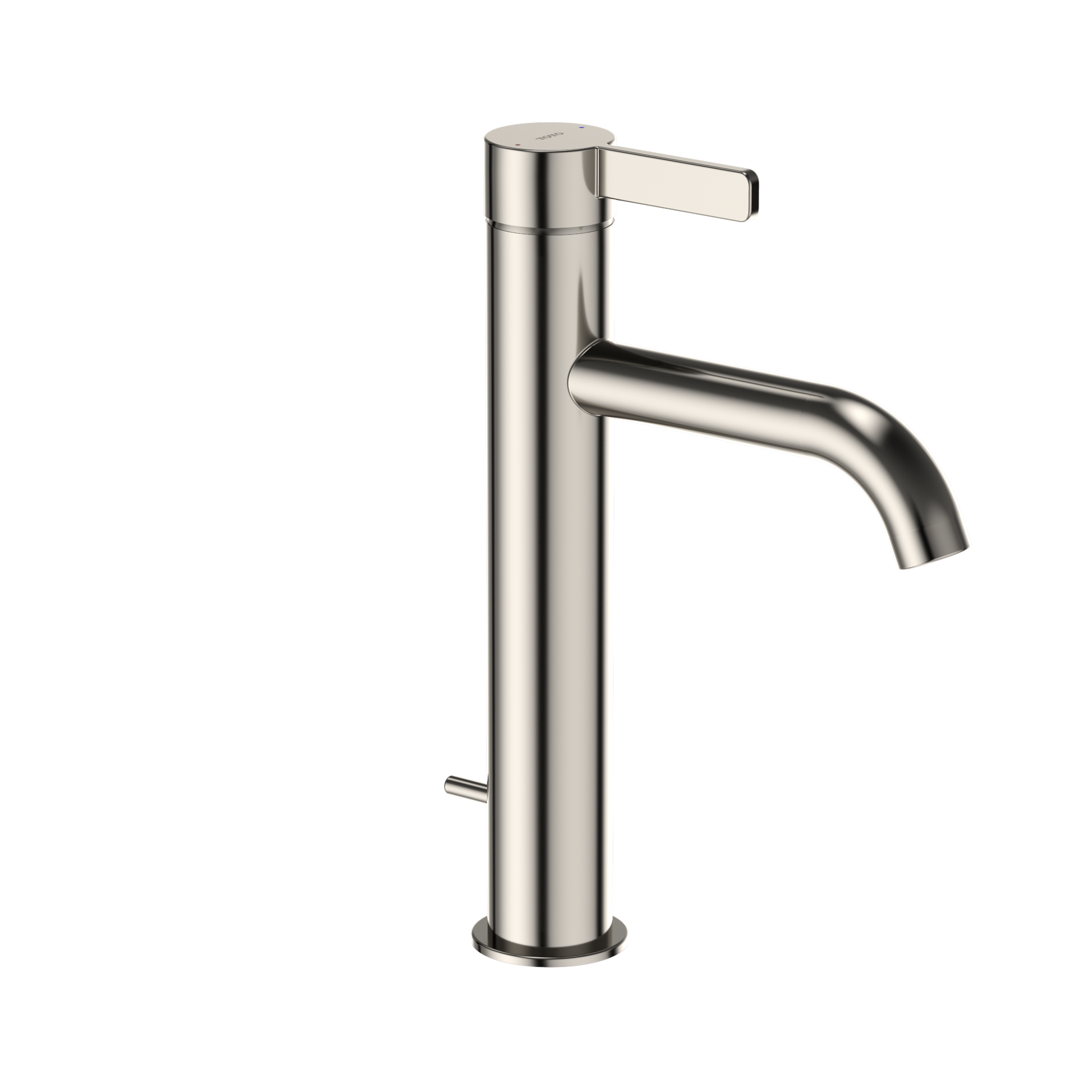 Polished nickel single-handle bathroom sink faucet with tall cylindrical spout and lever handle.