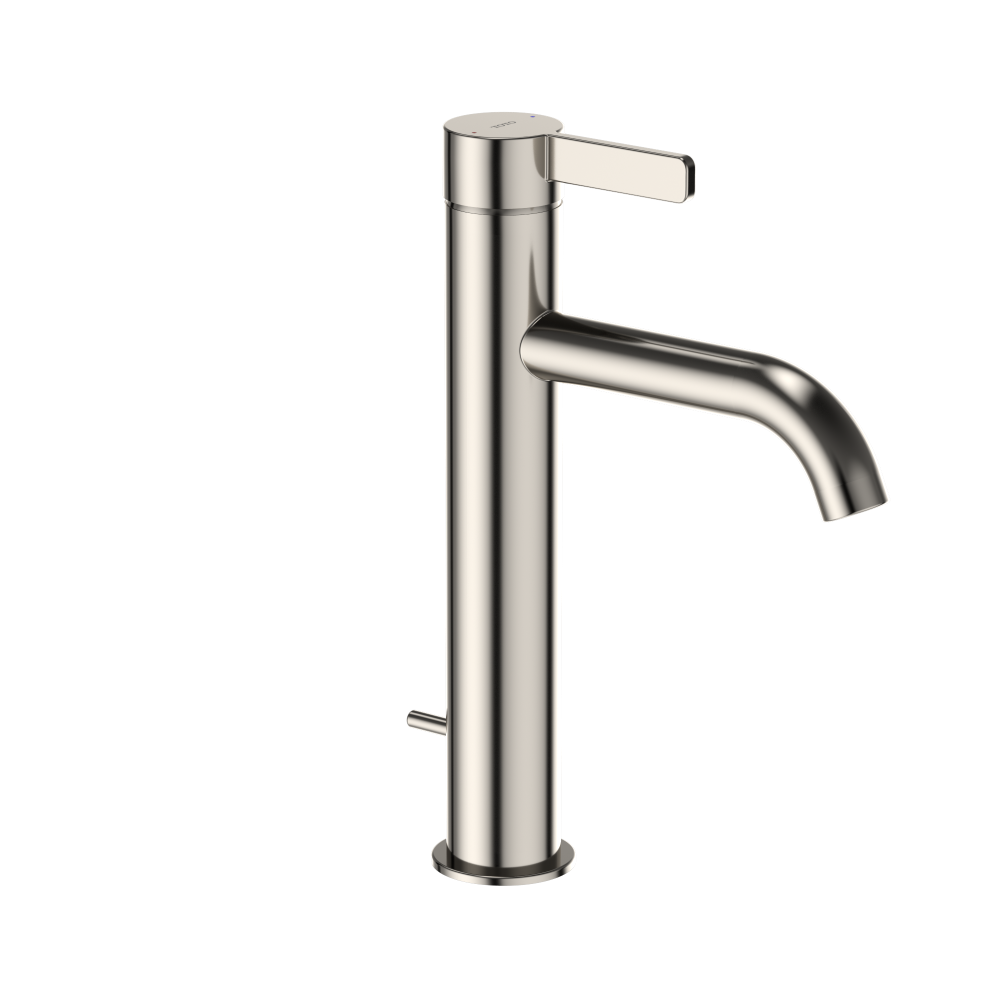 Polished nickel single-handle bathroom sink faucet with tall cylindrical spout and lever handle.