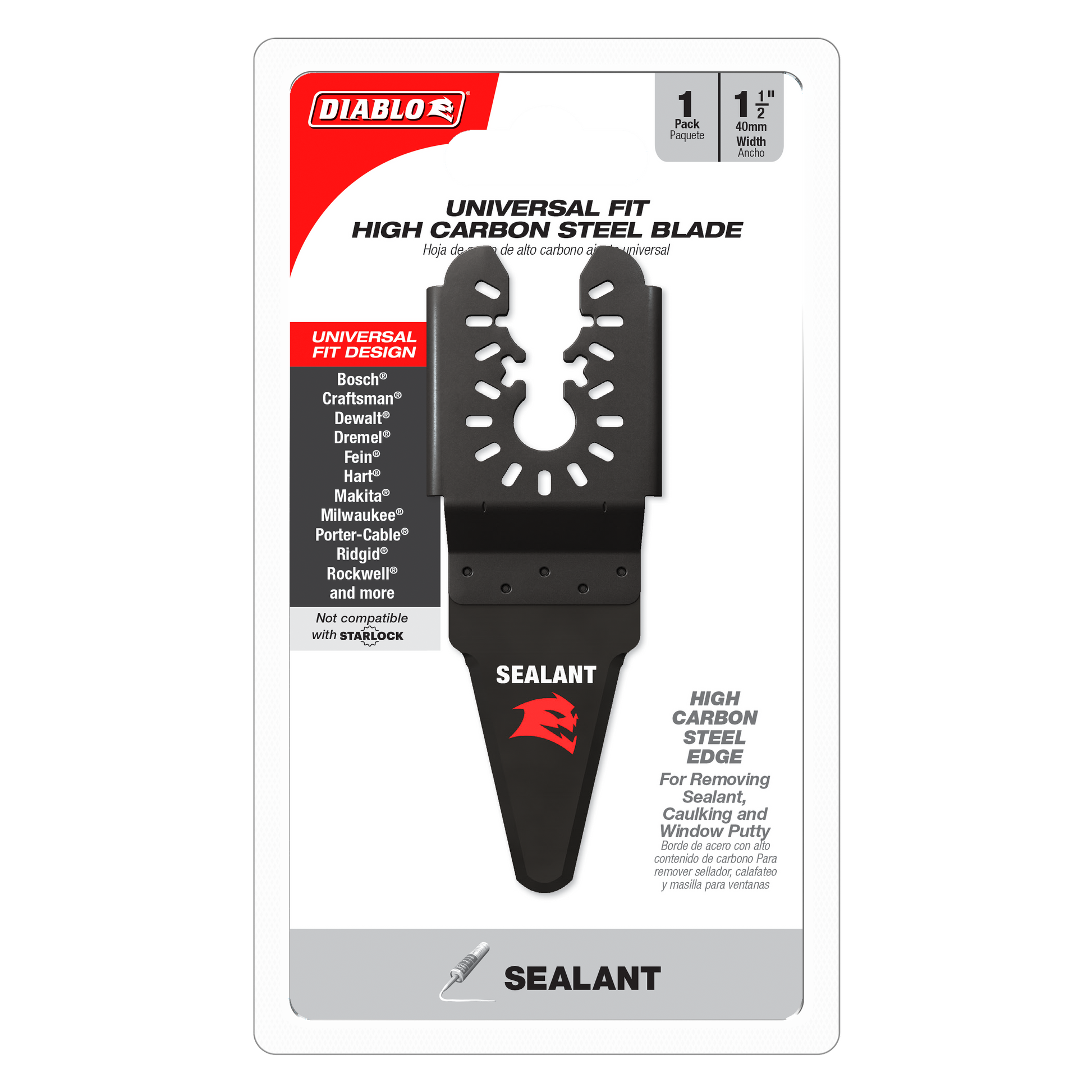 Black Diablo oscillating blade with serrated edge, 1-1/2 inch width, universal fit design for multiple tool brands.