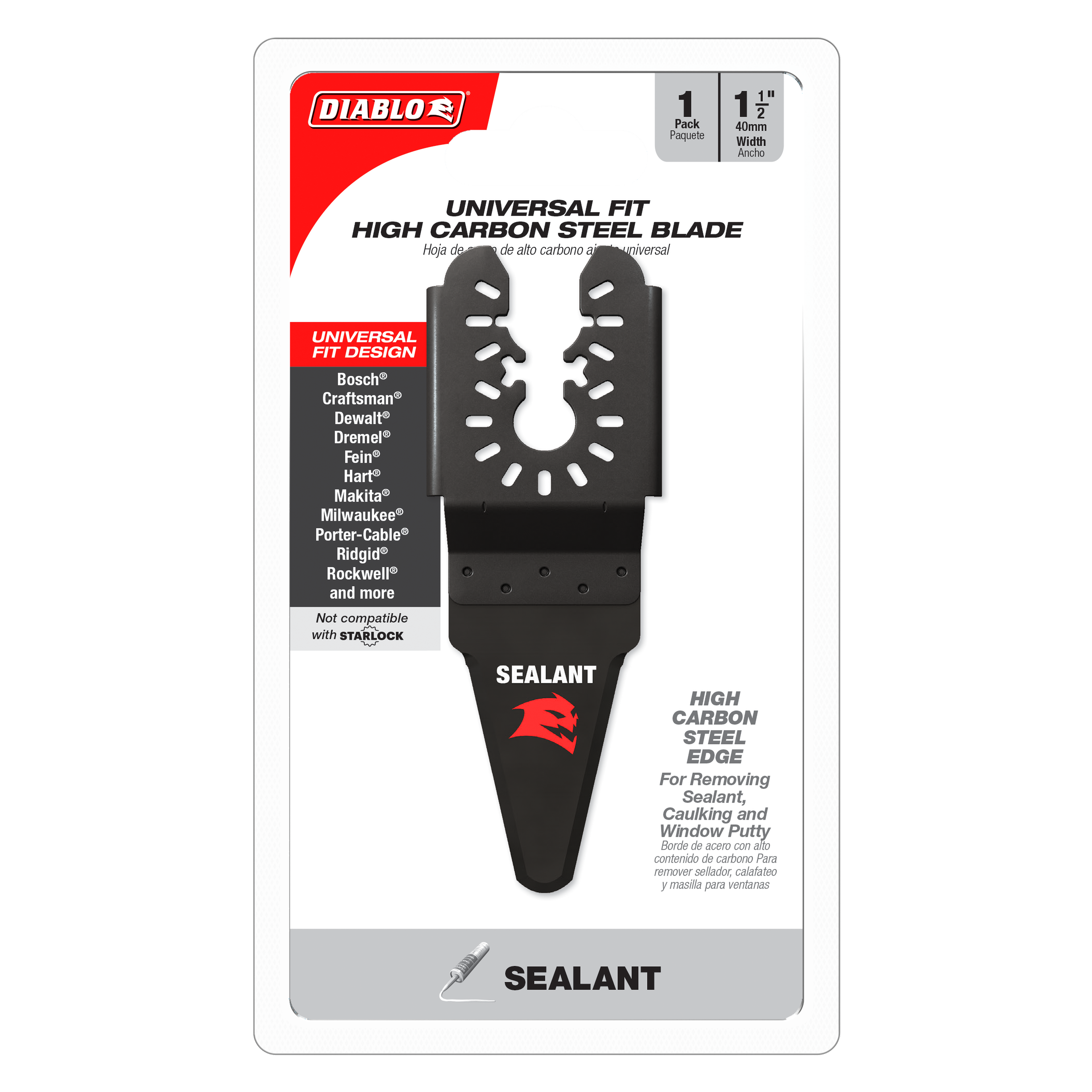 Black Diablo oscillating blade with serrated edge, 1-1/2 inch width, universal fit design for multiple tool brands.