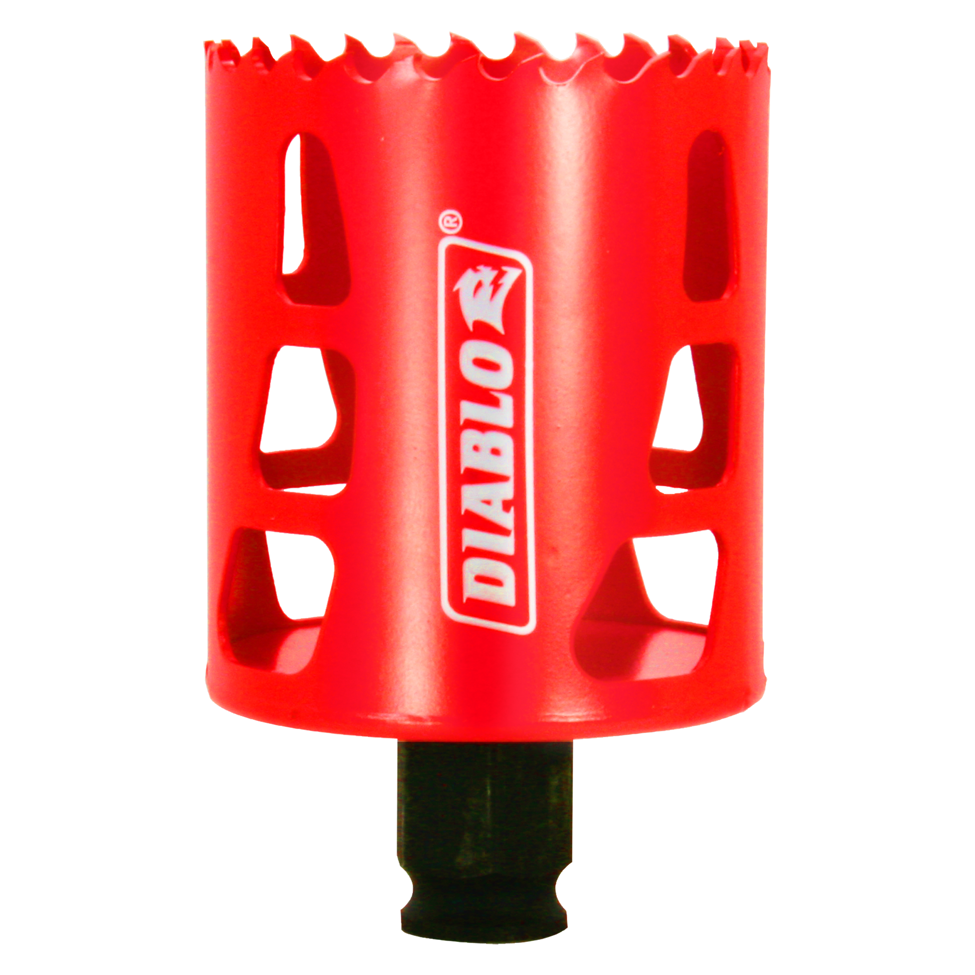 Red cylindrical hole saw with Diablo branding and serrated cutting edge, featuring black arbor attachment at base.