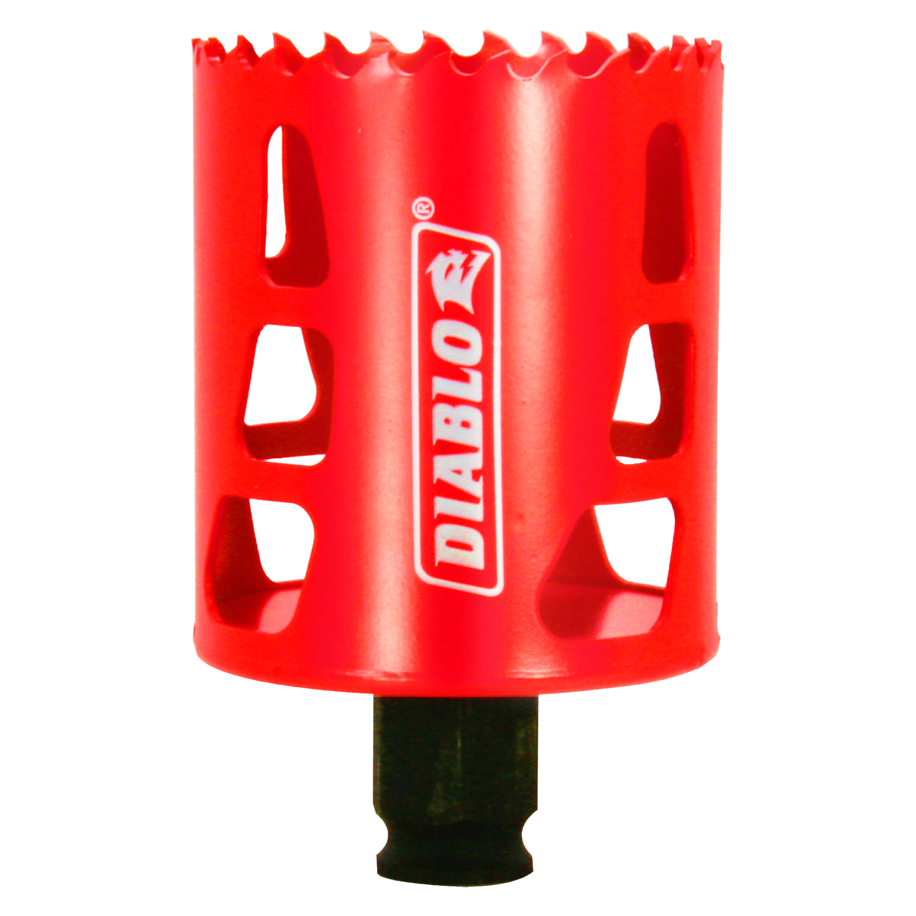 Red cylindrical hole saw with Diablo branding and serrated cutting edge, featuring black arbor attachment at base.