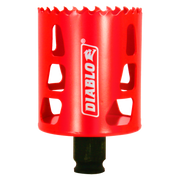 Red cylindrical hole saw with serrated cutting edge, Diablo branding, and black arbor shaft attachment.