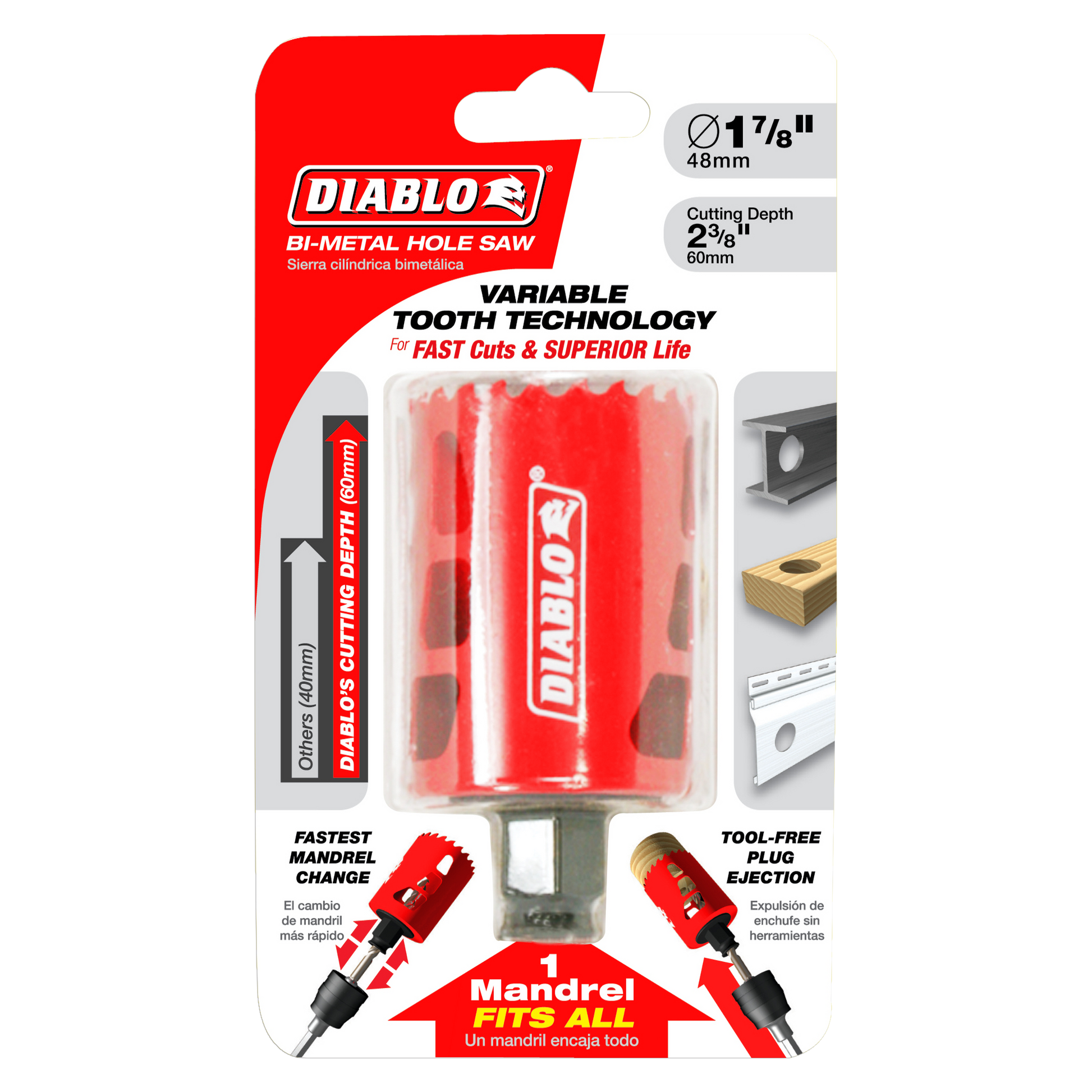 Diablo bi-metal hole saw with 1-7/8 inch diameter, variable tooth technology, and tool-free plug ejection on blister card pac