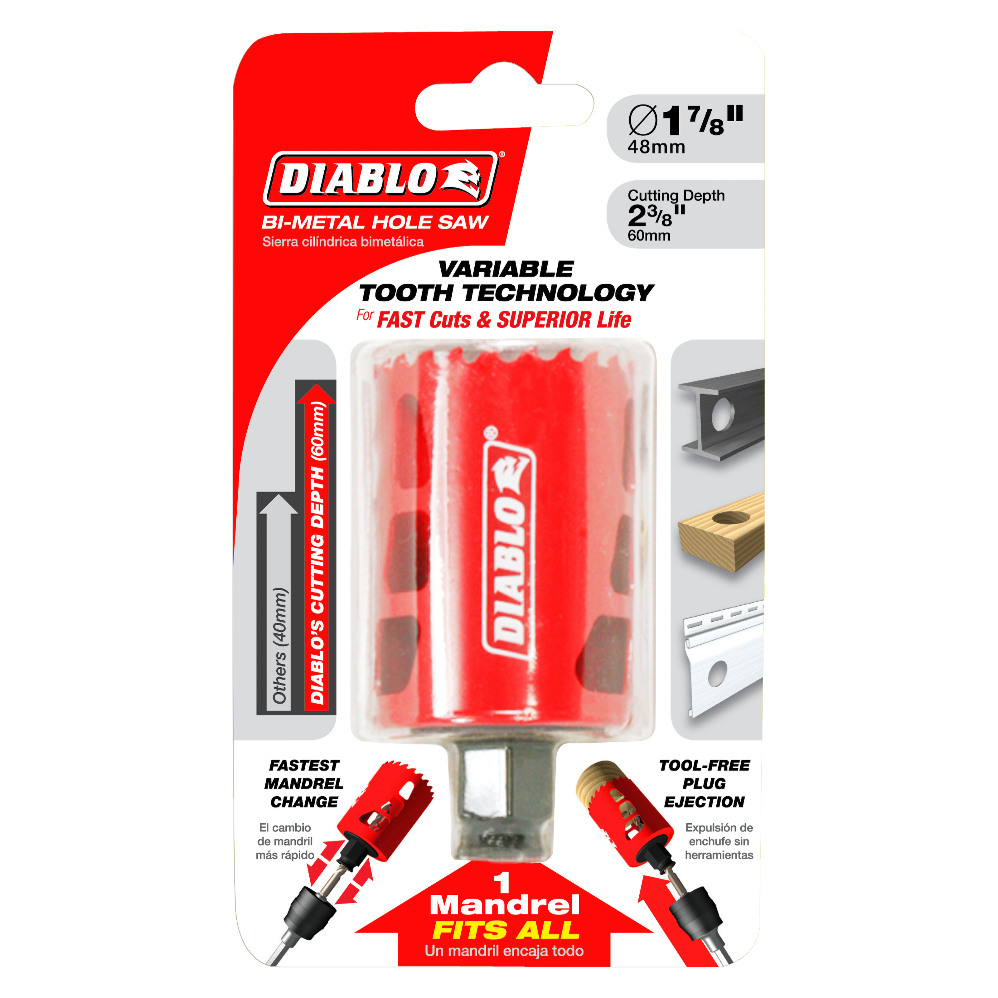 Diablo bi-metal hole saw with 1-7/8 inch diameter, variable tooth technology, and tool-free plug ejection on blister card pac
