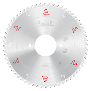 Freud 300mm circular saw blade with silver coating and fine teeth around perimeter, central white hole, and red markings.