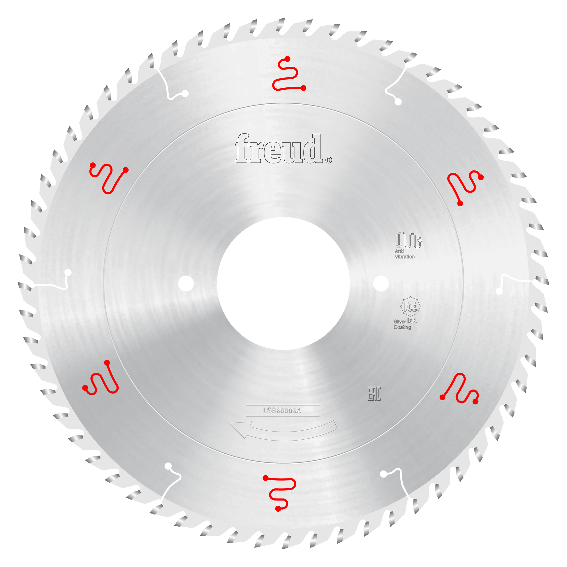 Freud 300mm circular saw blade with silver coating and fine teeth around perimeter, central white hole, and red markings.