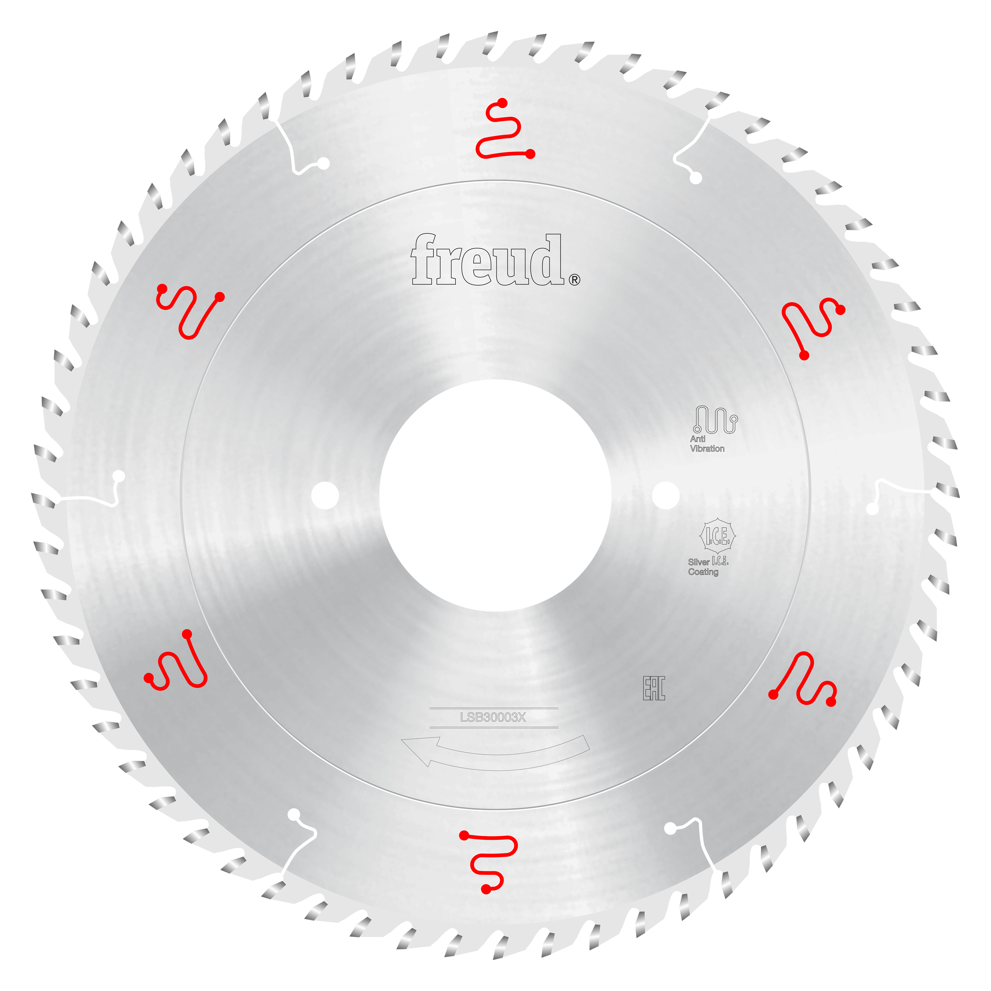 Freud 300mm circular saw blade with silver coating and fine teeth around perimeter, central white hole, and red markings.