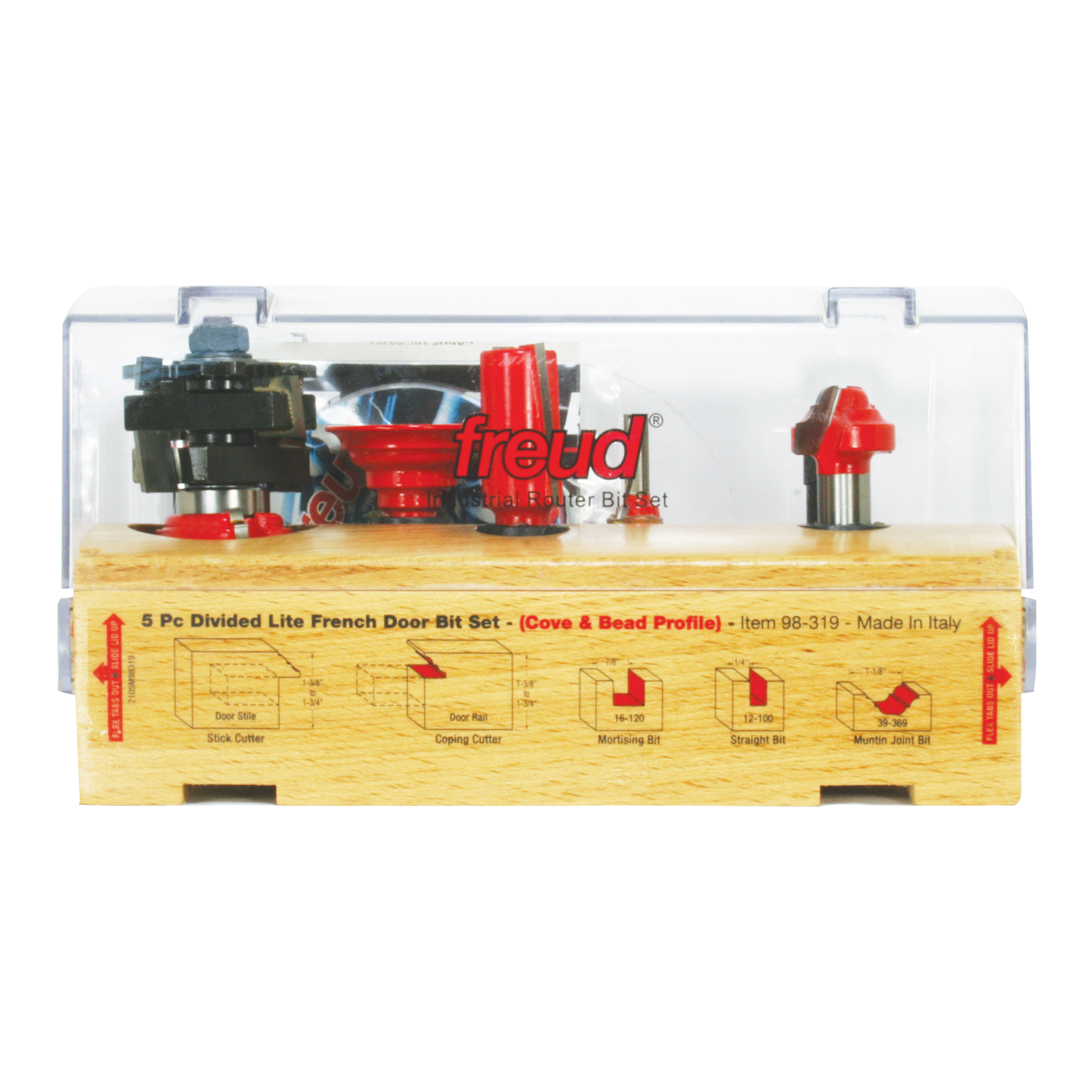 Five router bits in clear plastic case with wooden base showing labeled diagrams and bit profiles.