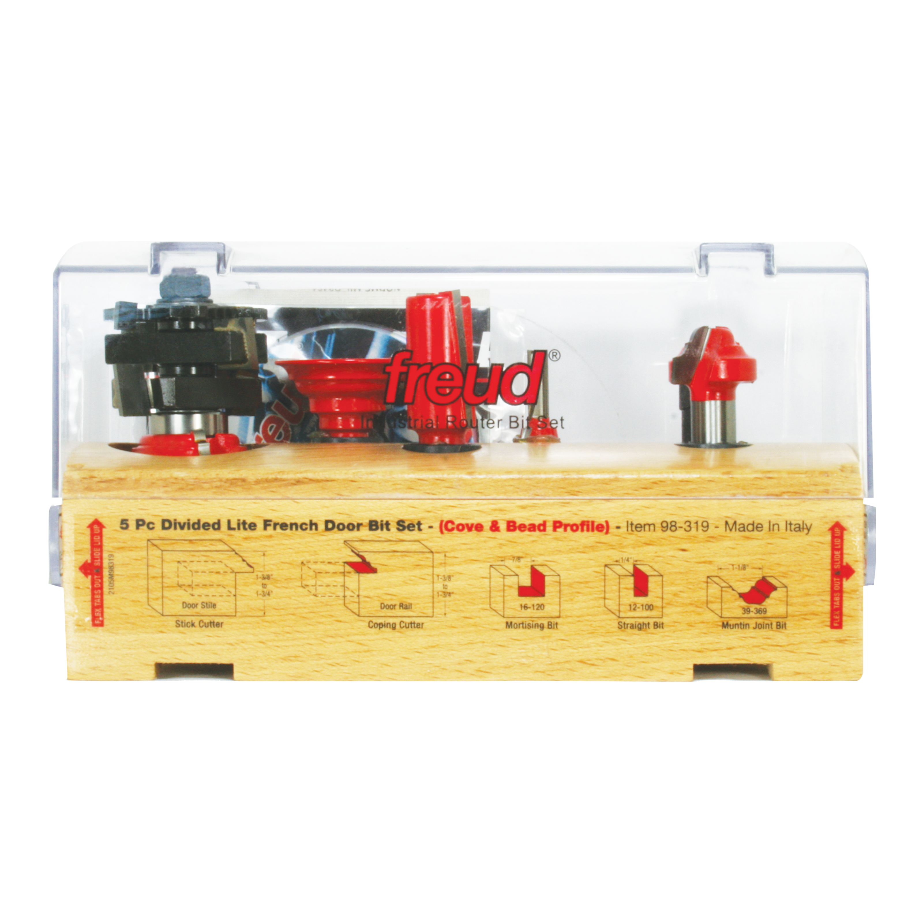Five router bits in clear plastic case with wooden base showing labeled diagrams and bit profiles.