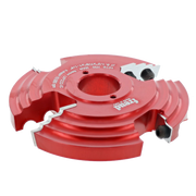 Red router bit with central bore hole and two cutting heads on opposite sides.