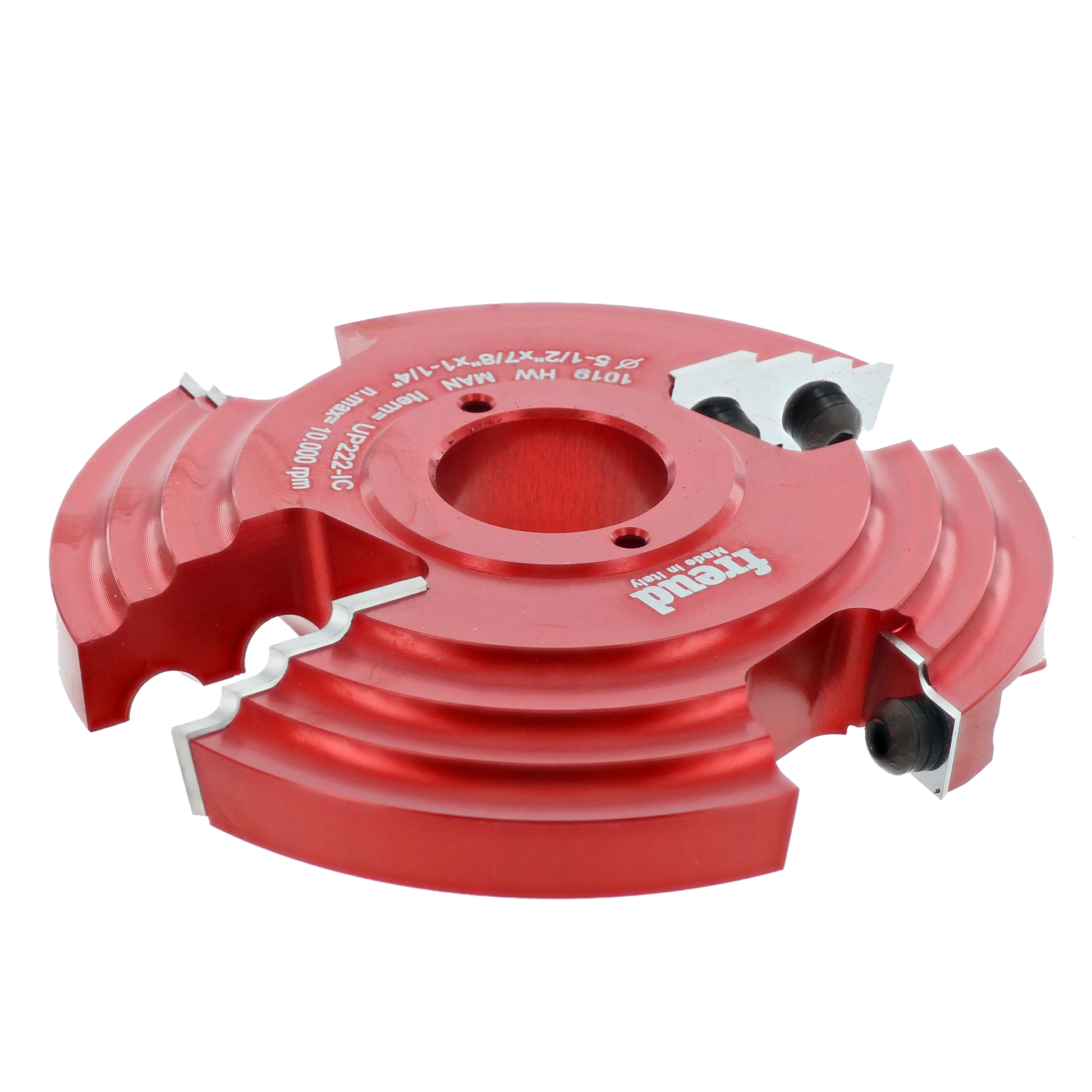 Red router bit with central bore hole and two cutting heads on opposite sides.
