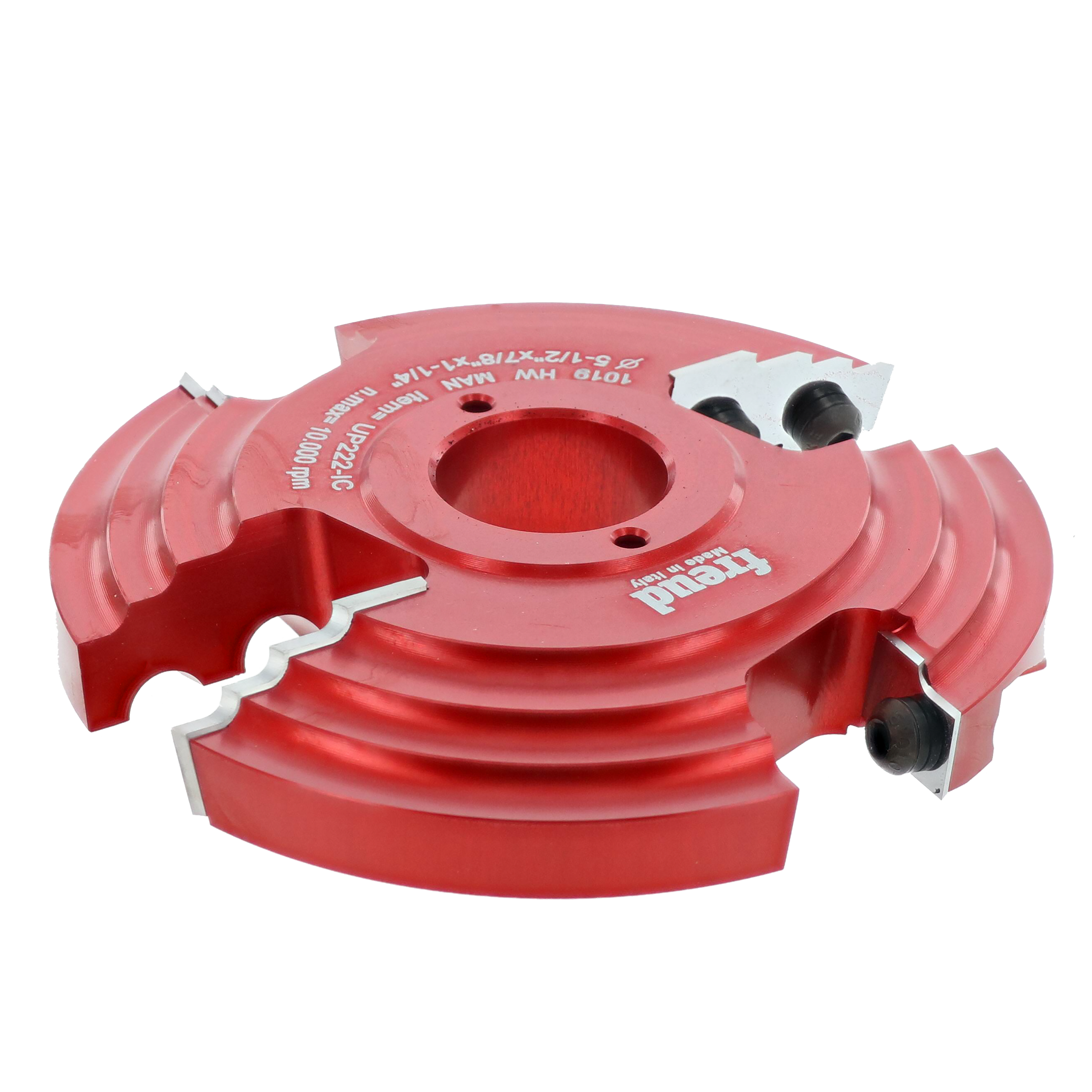 Red router bit with central bore hole and two cutting heads on opposite sides.