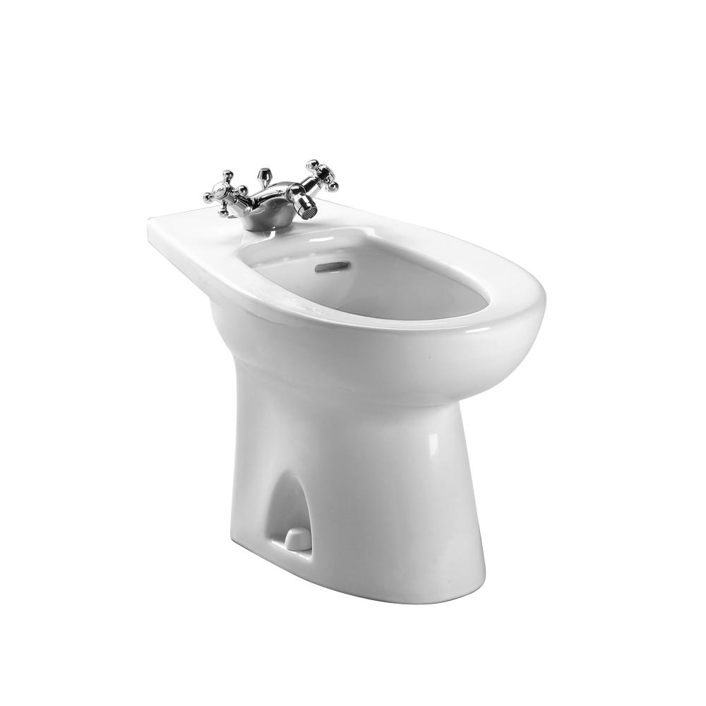 Cotton white bidet with single-hole deck-mounted faucet featuring dual cross handles and chrome spout.