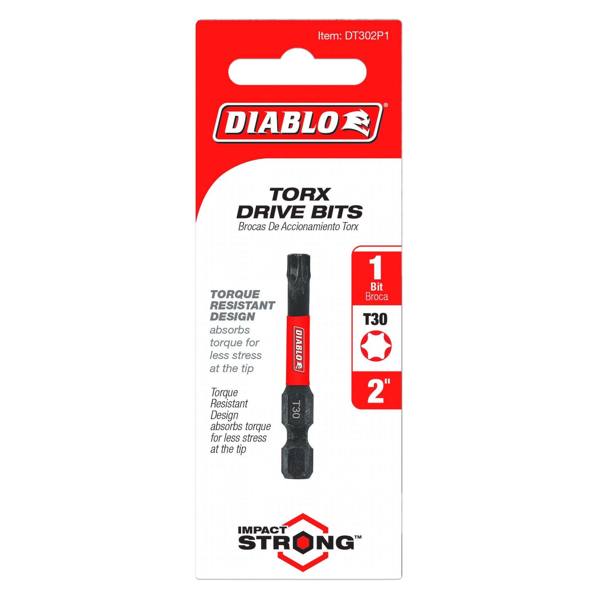 Diablo T30 Torx drive bit, 2 inches long, with red and black handle and torque-resistant design.