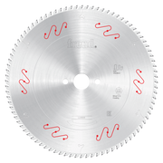 Freud 300mm circular saw blade with silver coating, small teeth around perimeter, and red wavy symbols marking cutting zones.