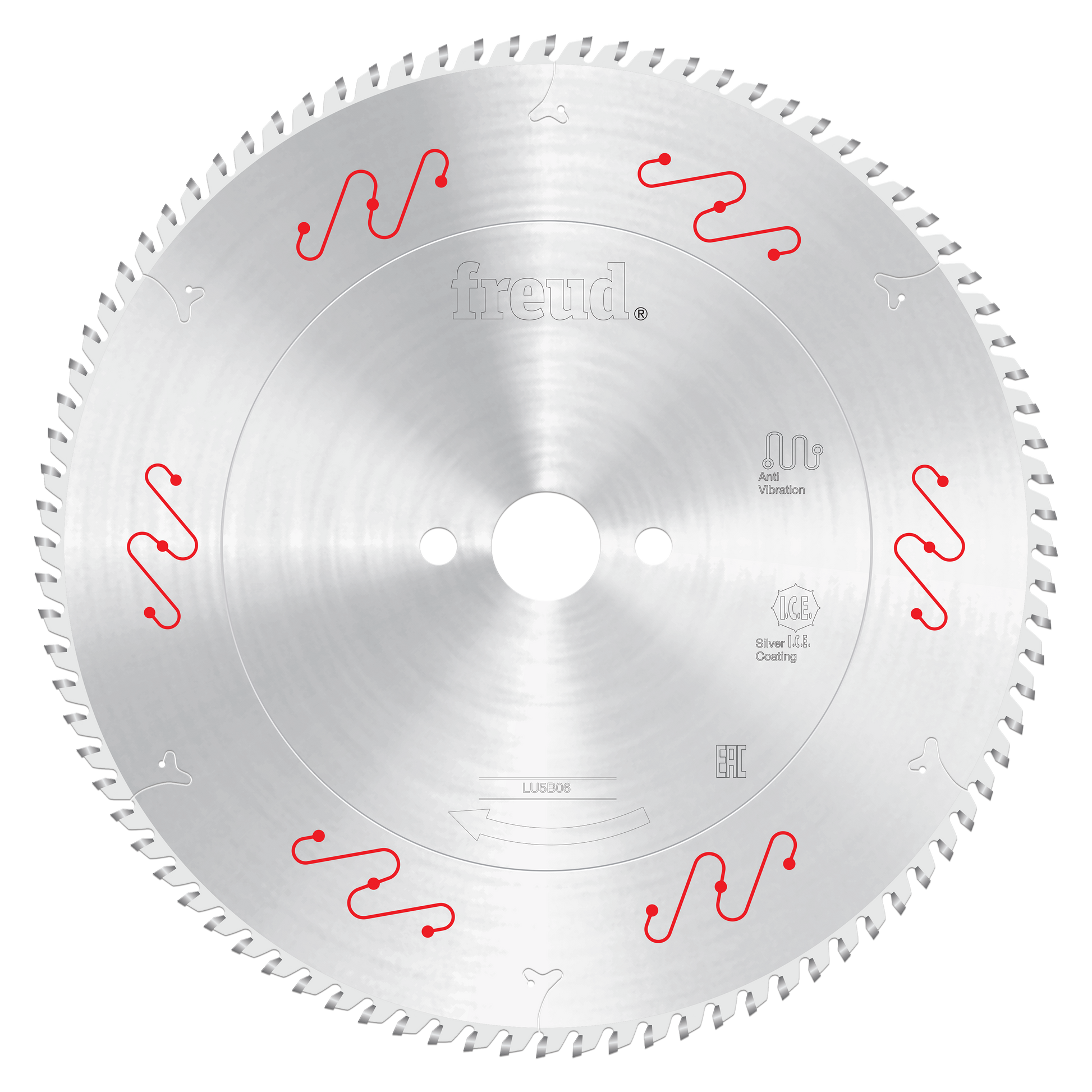 Freud 300mm circular saw blade with silver coating, small teeth around perimeter, and red wavy symbols marking cutting zones.