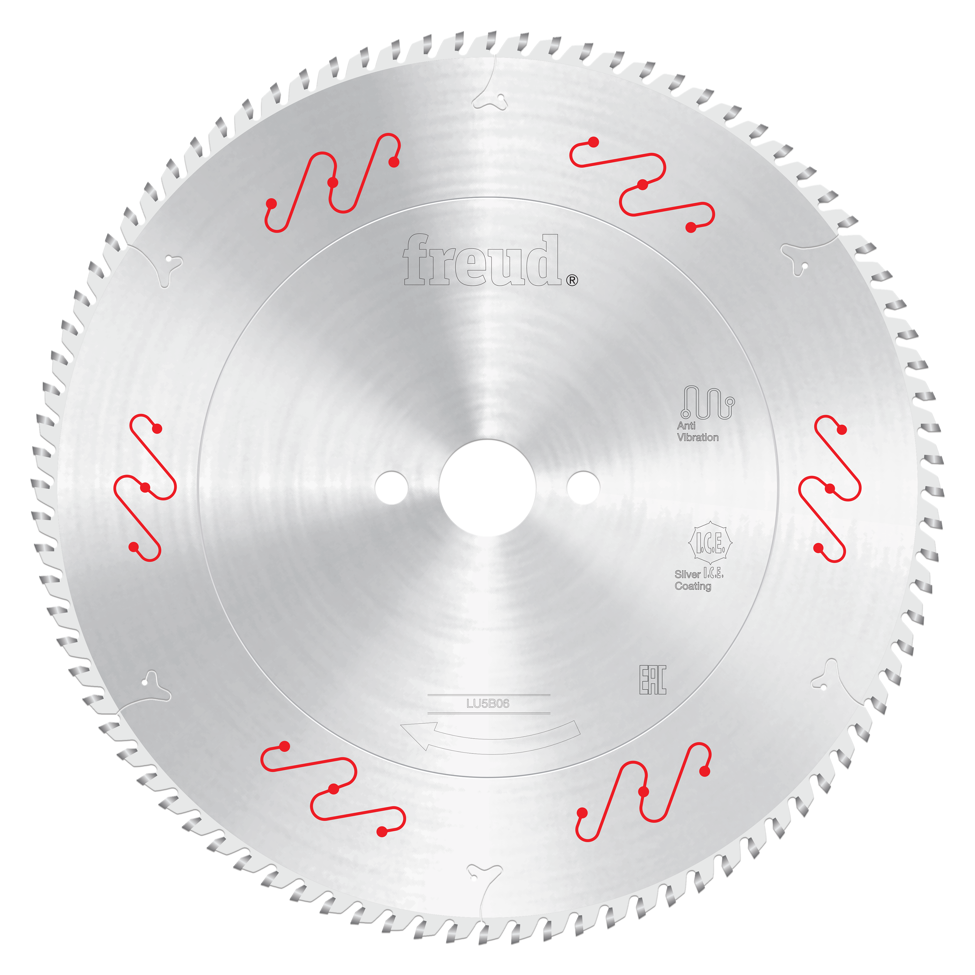 Freud 300mm circular saw blade with silver coating, small teeth around perimeter, and red wavy symbols marking cutting zones.