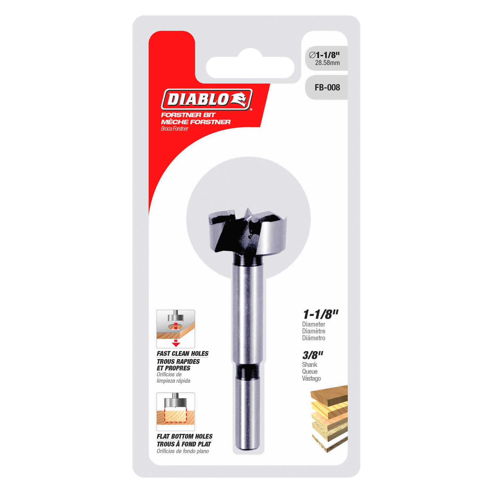 Diablo Forstner bit with 1-1/8 inch diameter head and 3/8 inch shank on retail packaging card.