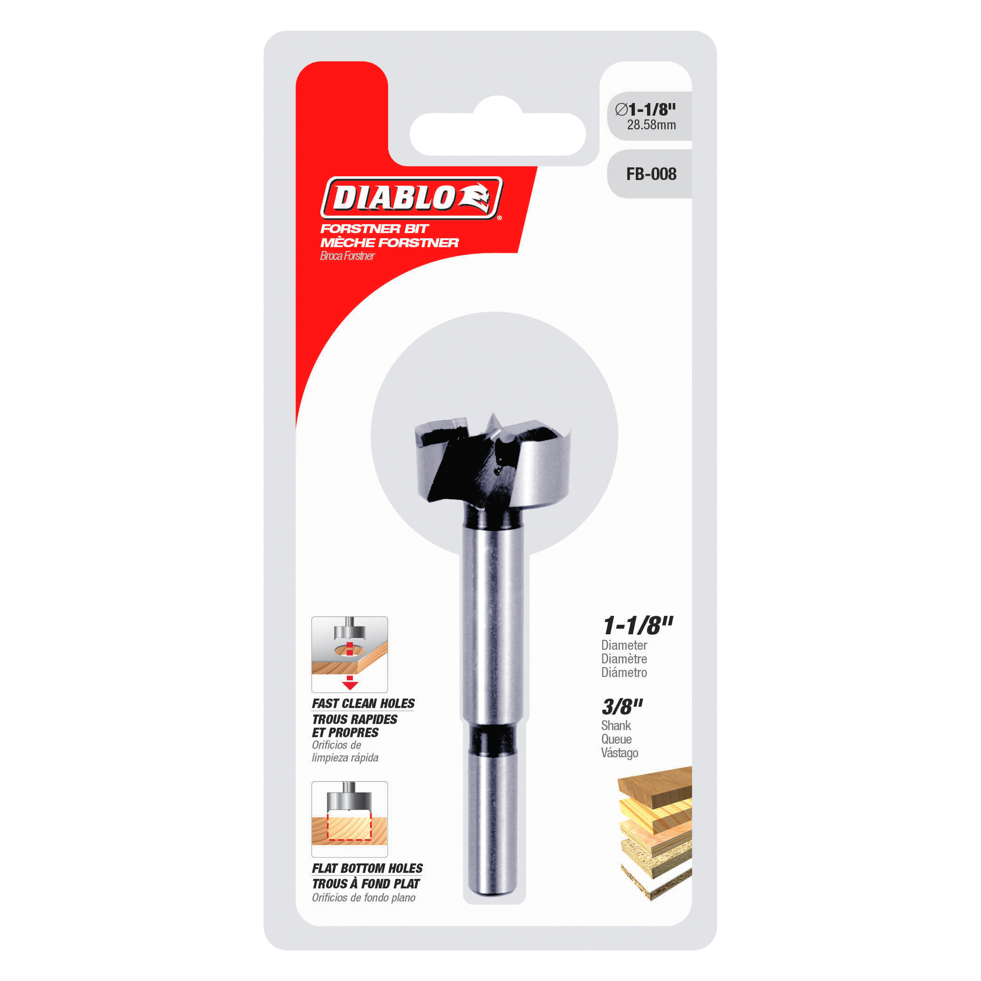 Diablo Forstner bit with 1-1/8 inch diameter head and 3/8 inch shank on retail packaging card.