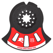 Black and red Starlock oscillating blade with carbide-coated curved edge and central mounting hub.